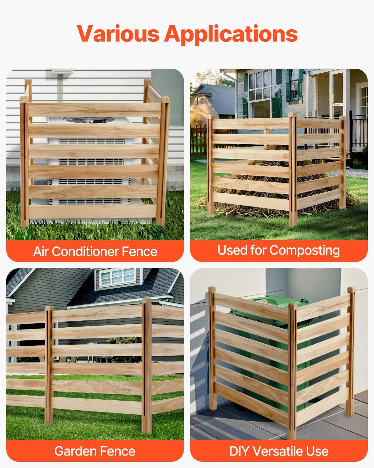 VEVOR Wood Privacy Fence 3 Panels Slatted Air Conditioner Fence 36" W x 36" L