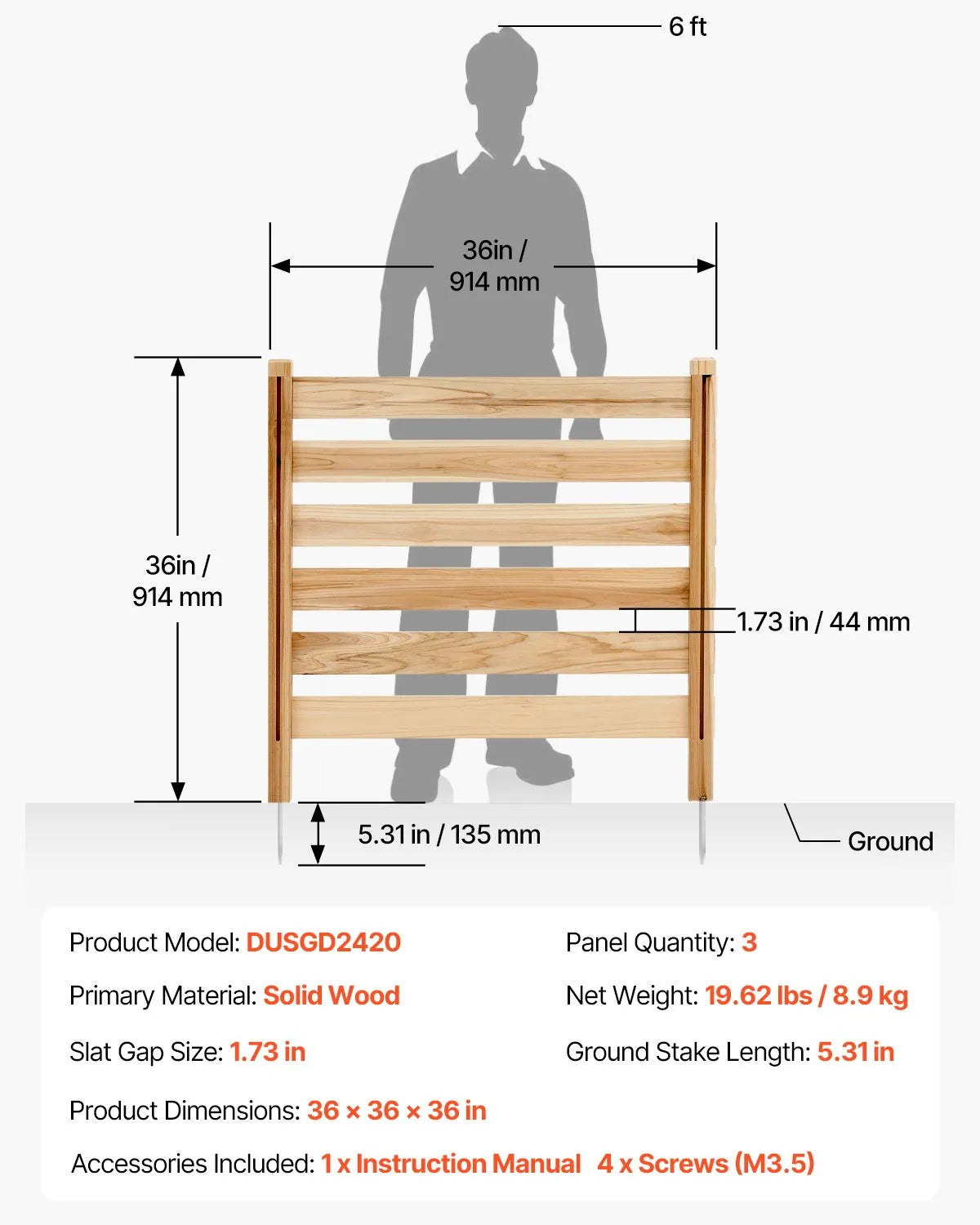 VEVOR Wood Privacy Fence 3 Panels Slatted Air Conditioner Fence 36" W x 36" L