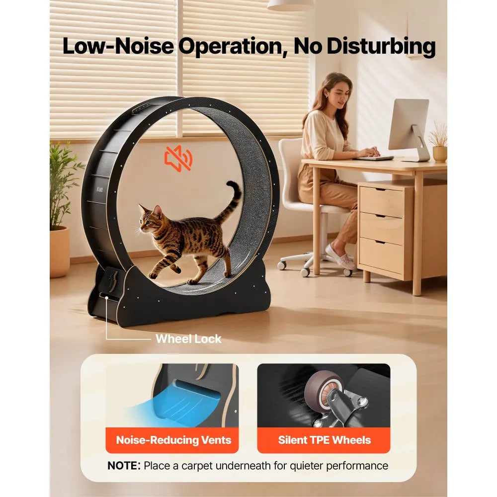VEVOR Cat Exercise Wheel, 48 in Wooden Cat Running Wheel for Indoor Cats up to 28 lbs, Cats Treadmill with Carpeted Runway & Locking Mechanism, Quiet Kitten Sport Toys for Pets Fitness & Health, Black 