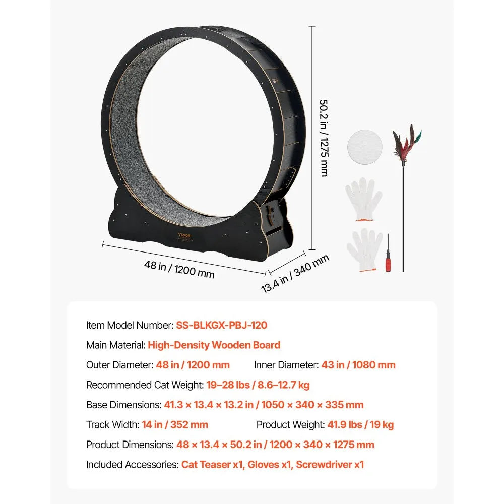 VEVOR Cat Exercise Wheel, 48 in Wooden Cat Running Wheel for Indoor Cats up to 28 lbs, Cats Treadmill with Carpeted Runway & Locking Mechanism, Quiet Kitten Sport Toys for Pets Fitness & Health, Black 