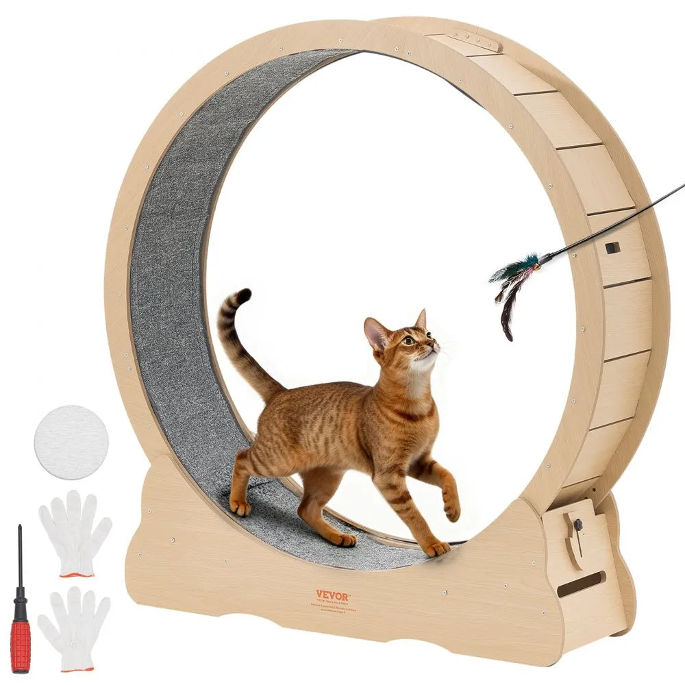 VEVOR Cat Exercise Wheel, 48 in Wooden Cat Running Wheel for Indoor Cats up to 28 lbs, Cats Treadmill with Carpeted Runway & Locking Mechanism, Quiet Roller Kitten Sport Toys for Pets Fitness & Health 