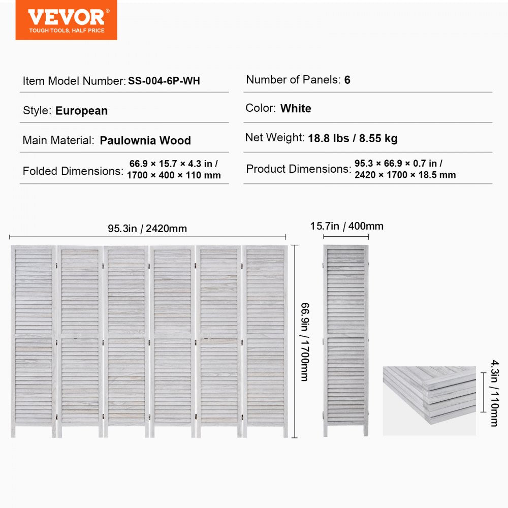 VEVOR Wood Room Divider Wooden Privacy Screen 6 Panel Room Separation Divider 