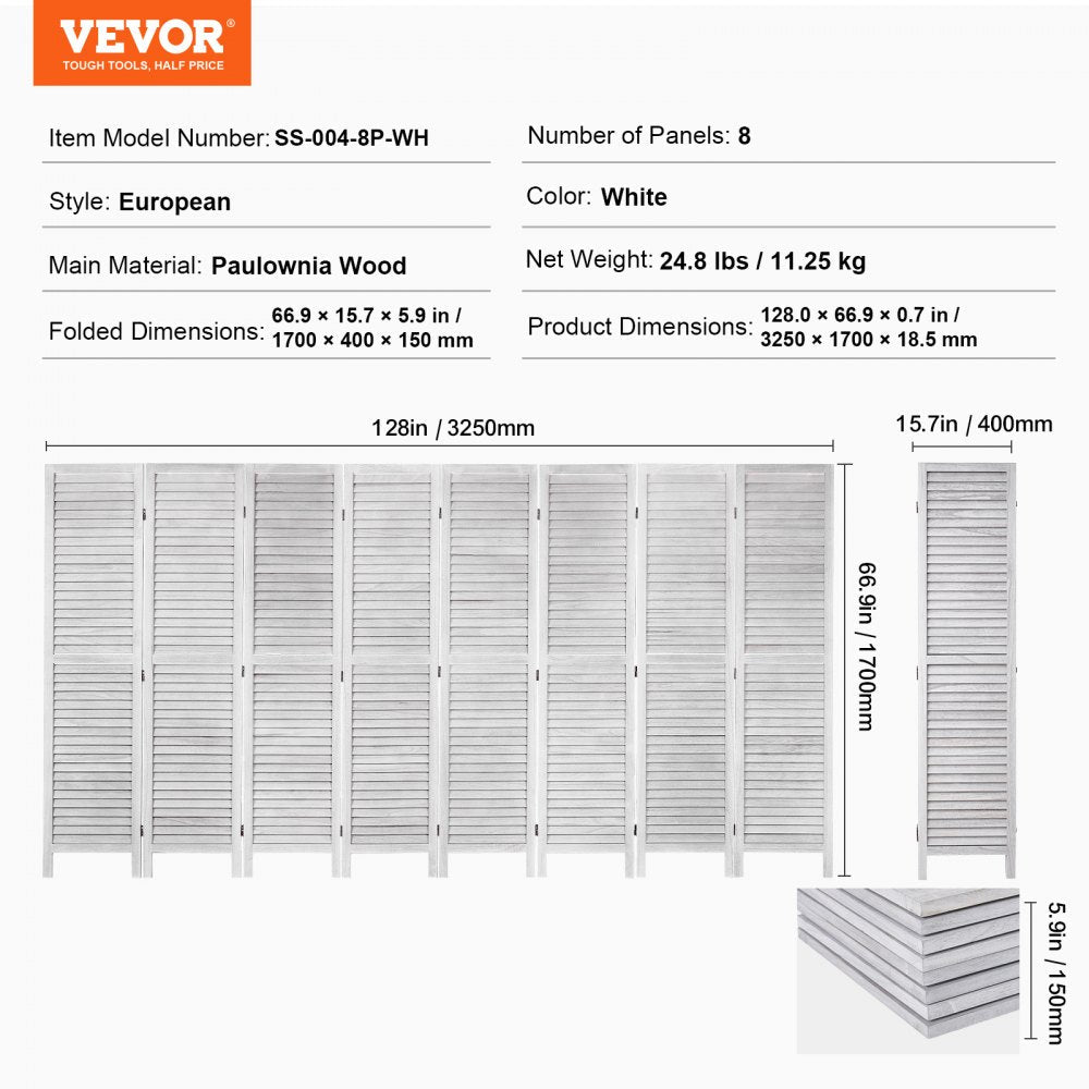 VEVOR Wood Room Divider Wooden Privacy Screen 8 Panel Room Separation Divider 