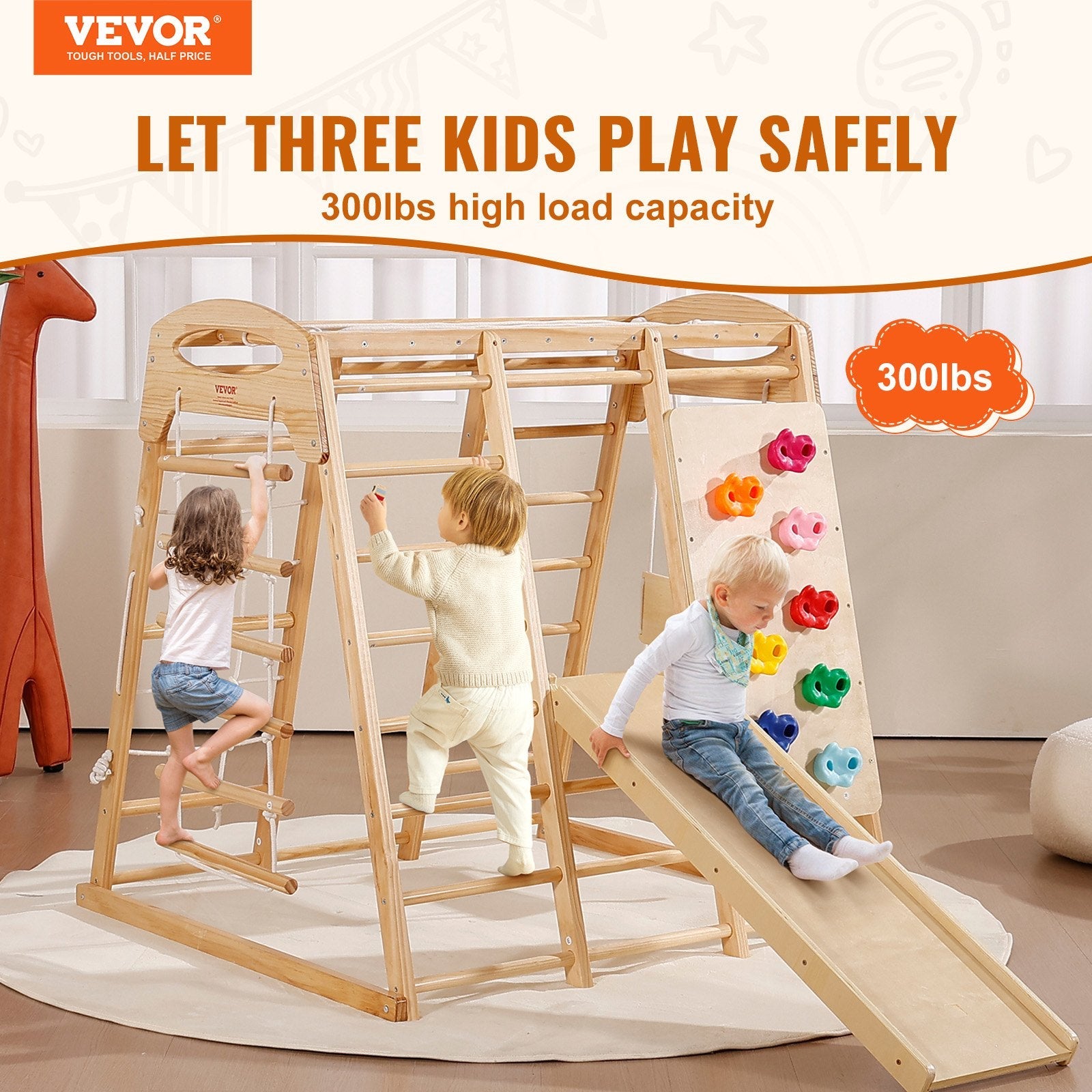 VEVOR Indoor Jungle Gym, 7-in-1 Toddler Indoor Playground, Wooden Toddler Climbing Toys Indoor with Wood & Rope Ladder, Net Ladder, Swing, Monkey Bar, Slide, Climbing Wall, 47.2 x 58 x 56in 