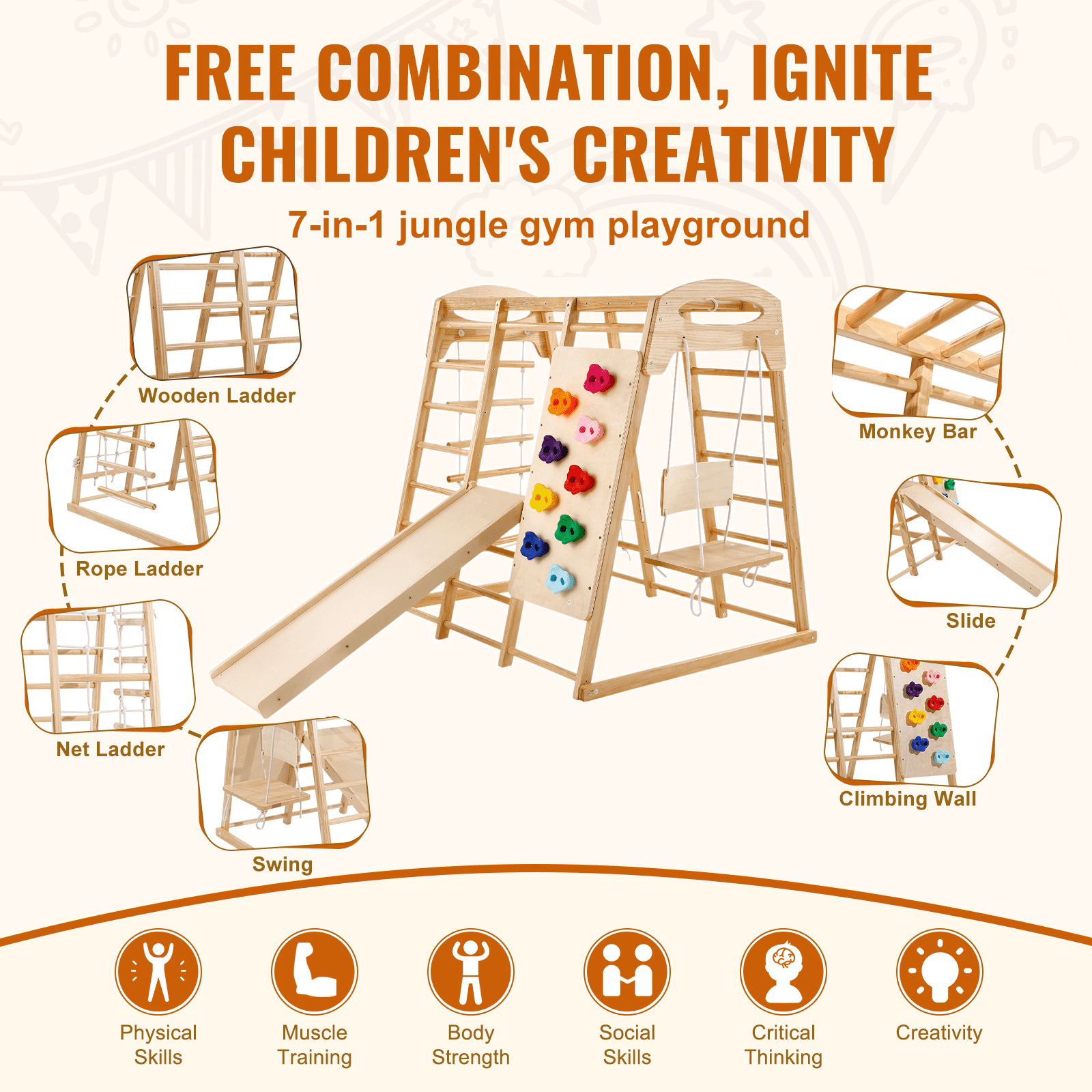 VEVOR Indoor Jungle Gym, 7-in-1 Toddler Indoor Playground, Wooden Toddler Climbing Toys Indoor with Wood & Rope Ladder, Net Ladder, Swing, Monkey Bar, Slide, Climbing Wall, 47.2 x 58 x 56in 
