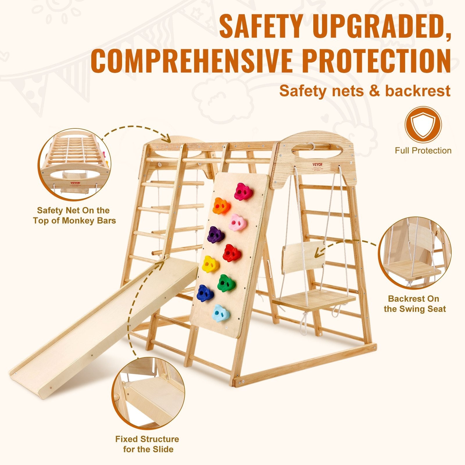 VEVOR Indoor Jungle Gym, 7-in-1 Toddler Indoor Playground, Wooden Toddler Climbing Toys Indoor with Wood & Rope Ladder, Net Ladder, Swing, Monkey Bar, Slide, Climbing Wall, 47.2 x 58 x 56in 