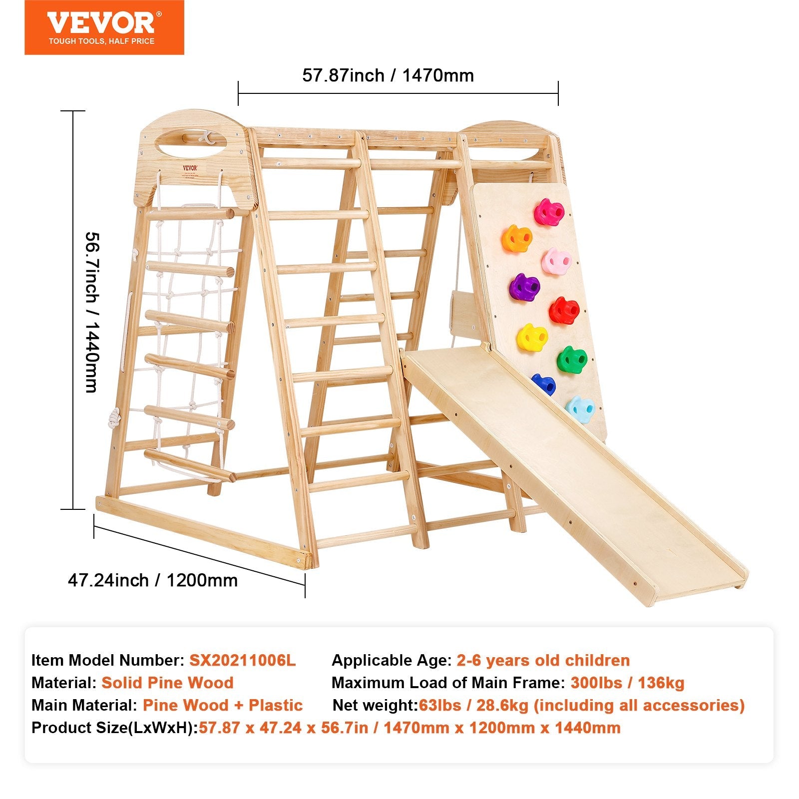 VEVOR Indoor Jungle Gym, 7-in-1 Toddler Indoor Playground, Wooden Toddler Climbing Toys Indoor with Wood & Rope Ladder, Net Ladder, Swing, Monkey Bar, Slide, Climbing Wall, 47.2 x 58 x 56in 