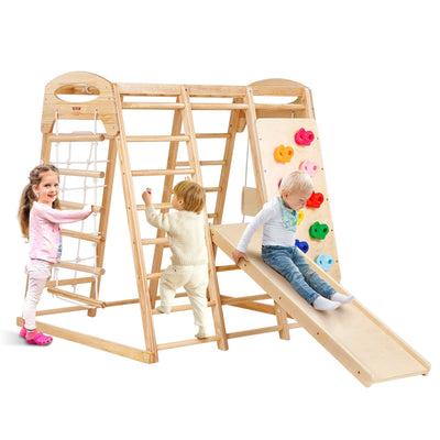 VEVOR Indoor Jungle Gym, 7-in-1 Toddler Indoor Playground, Wooden Toddler Climbing Toys Indoor with Wood & Rope Ladder, Net Ladder, Swing, Monkey Bar, Slide, Climbing Wall, 47.2 x 58 x 56in 