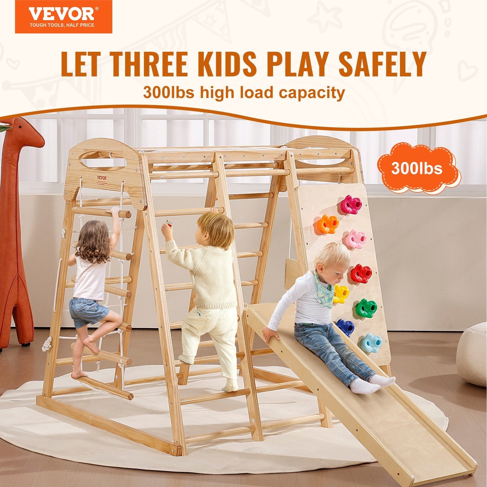 VEVOR Indoor Jungle Gym, 7-in-1 Toddler Indoor Playground, Wooden Toddler Climbing Toys Indoor with Wood & Rope Ladder, Net Ladder, Swing, Monkey Bar, Slide, Climbing Wall, 43 x 47.2 x 47in 