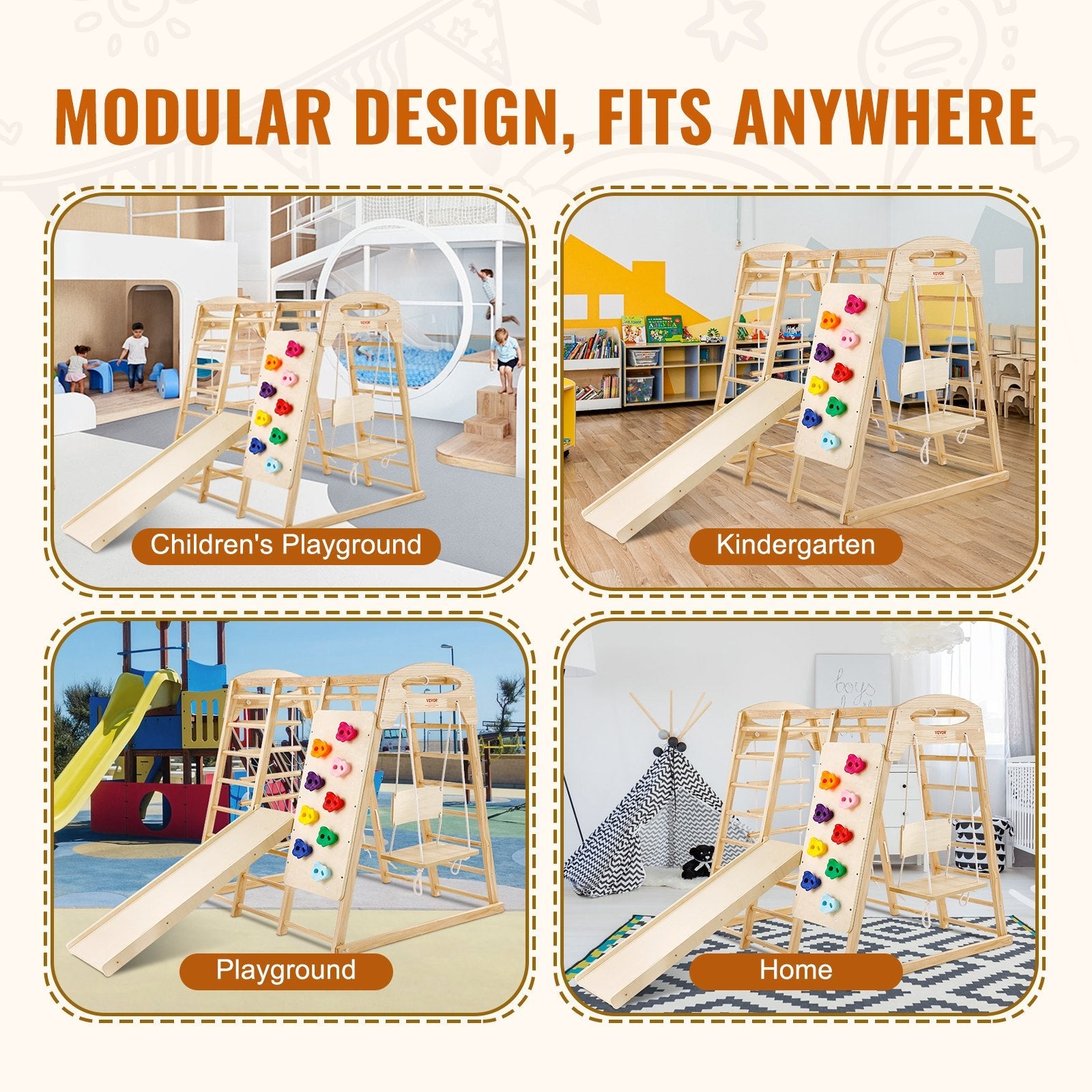 VEVOR Indoor Jungle Gym, 7-in-1 Toddler Indoor Playground, Wooden Toddler Climbing Toys Indoor with Wood & Rope Ladder, Net Ladder, Swing, Monkey Bar, Slide, Climbing Wall, 43 x 47.2 x 47in 