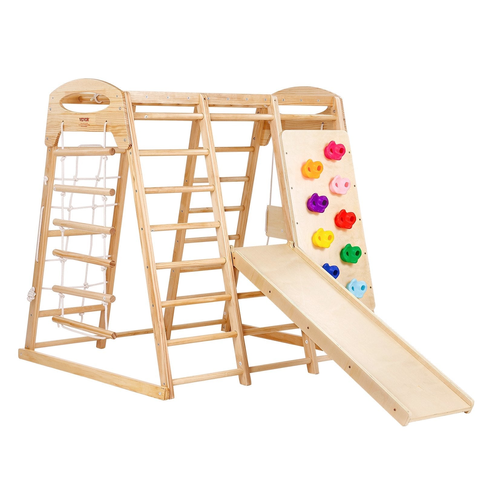 VEVOR Indoor Jungle Gym, 7-in-1 Toddler Indoor Playground, Wooden Toddler Climbing Toys Indoor with Wood & Rope Ladder, Net Ladder, Swing, Monkey Bar, Slide, Climbing Wall, 43 x 47.2 x 47in 