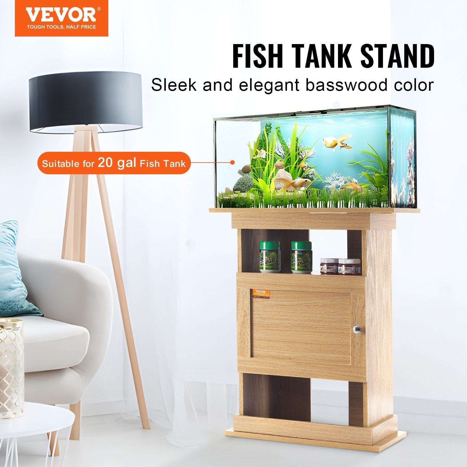 VEVOR Aquarium Stand, 20 Gallon Fish Tank Stand, 25.2 x 15.7 x 28.3 in MDF Turtle Tank Stand, 167.6 lbs Load Capacity, Reptile Tank Stand with Storage, Cabinet and Hardware Kit, Basswood Color 