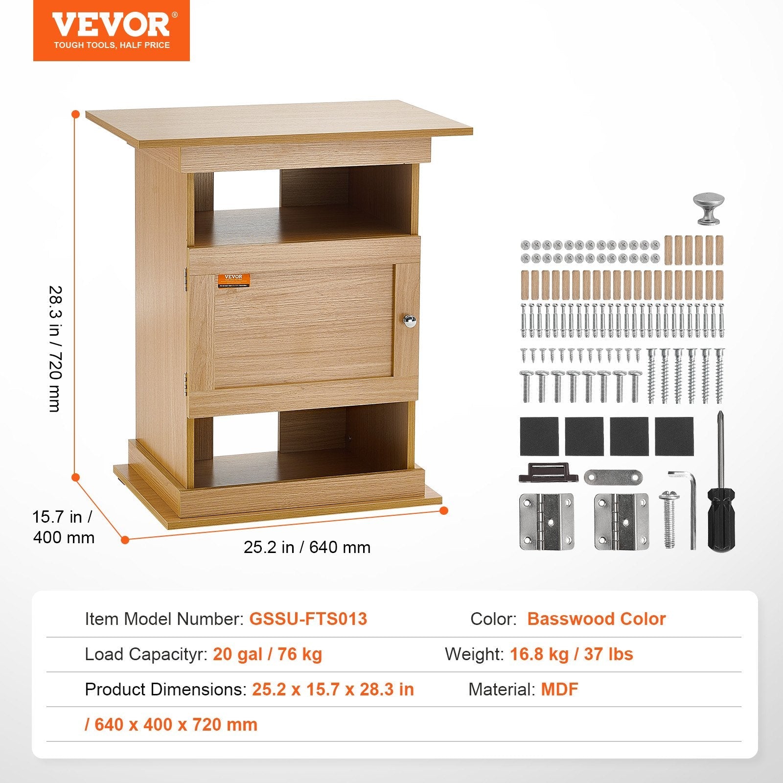 VEVOR Aquarium Stand, 20 Gallon Fish Tank Stand, 25.2 x 15.7 x 28.3 in MDF Turtle Tank Stand, 167.6 lbs Load Capacity, Reptile Tank Stand with Storage, Cabinet and Hardware Kit, Basswood Color 