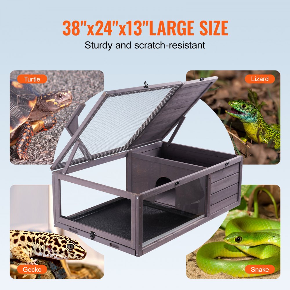 VEVOR Tortoise Habitat Wooden Tortoise House Indoor & Outdoor 2-Room 38x24x13in 