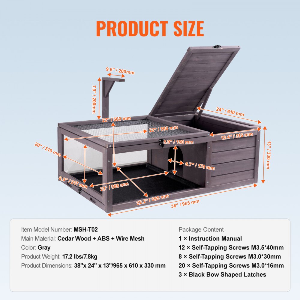 VEVOR Tortoise Habitat Wooden Tortoise House Indoor & Outdoor 2-Room 38x24x13in 