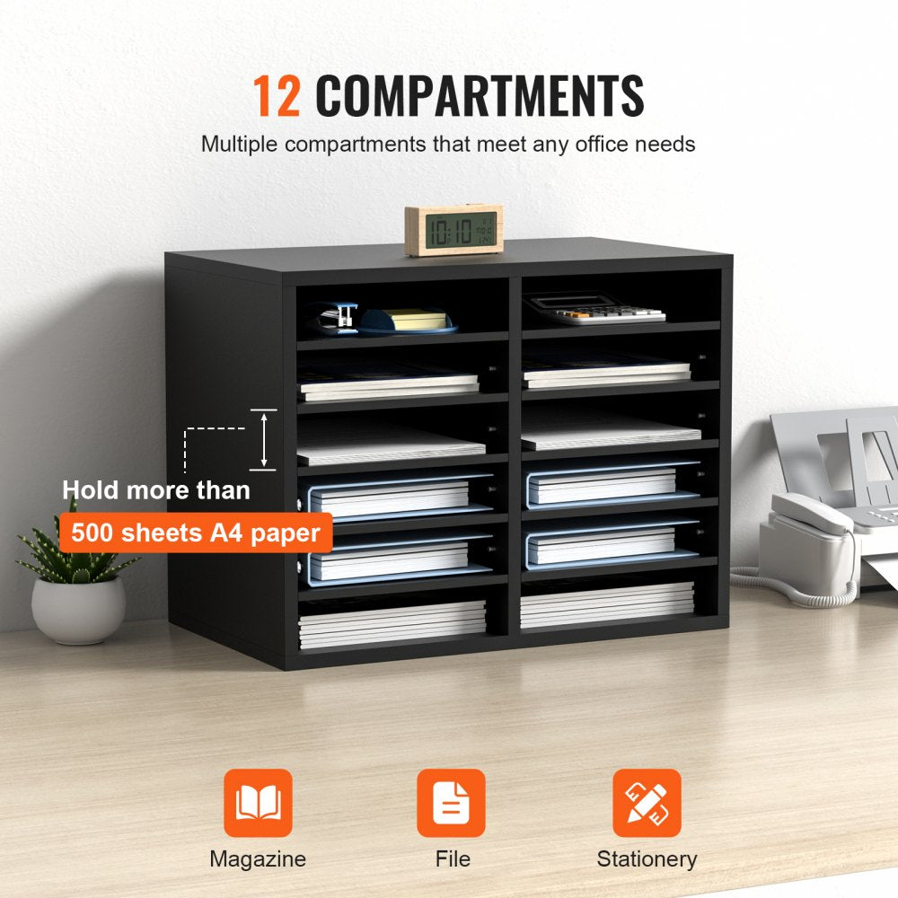 VEVOR Wood Literature Organizer, 12 Compartments, File Sorter with Removable Shelves, Mailboxes Slot for Office Home Classroom Mailrooms Organization, EPA Certified, Black 