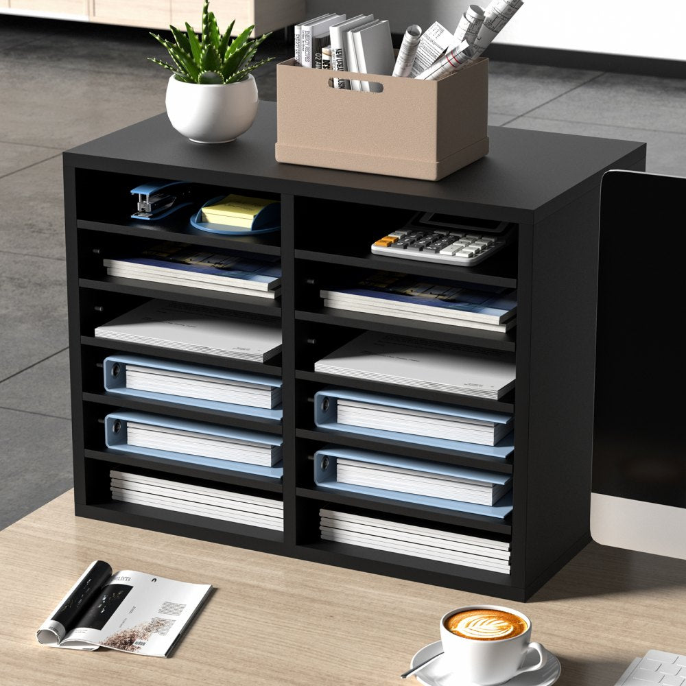 VEVOR Wood Literature Organizer, 12 Compartments, File Sorter with Removable Shelves, Mailboxes Slot for Office Home Classroom Mailrooms Organization, EPA Certified, Black 