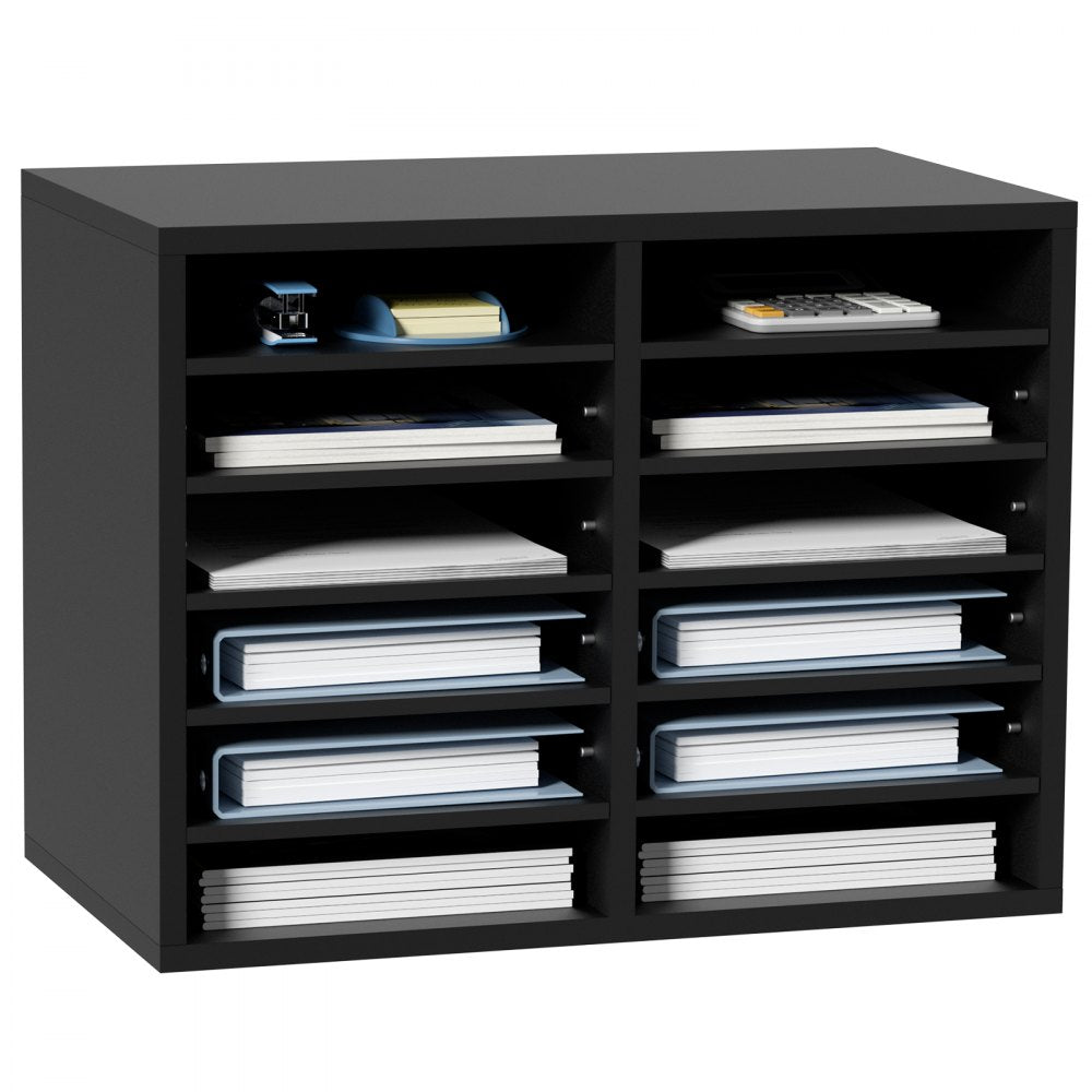 VEVOR Wood Literature Organizer, 12 Compartments, File Sorter with Removable Shelves, Mailboxes Slot for Office Home Classroom Mailrooms Organization, EPA Certified, Black 