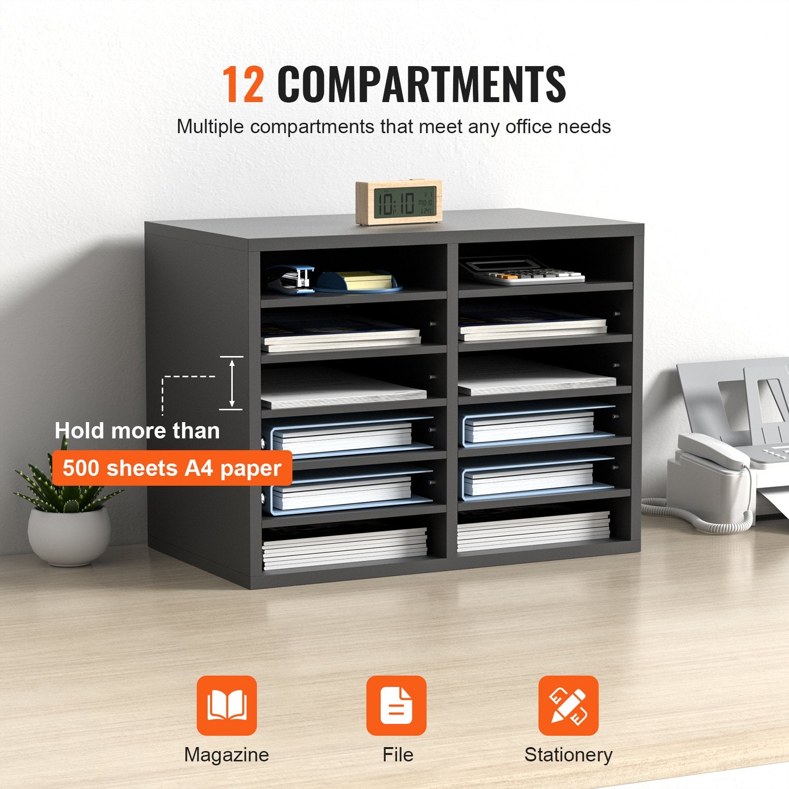 VEVOR Literature Organizers, 12 Compartments Office Mailbox with Adjustable Shelves, Wood Literature Sorter 20.4x12x16.1 inches for Office, Home, Classroom, Mailrooms Organization, EPA Certified Grey 