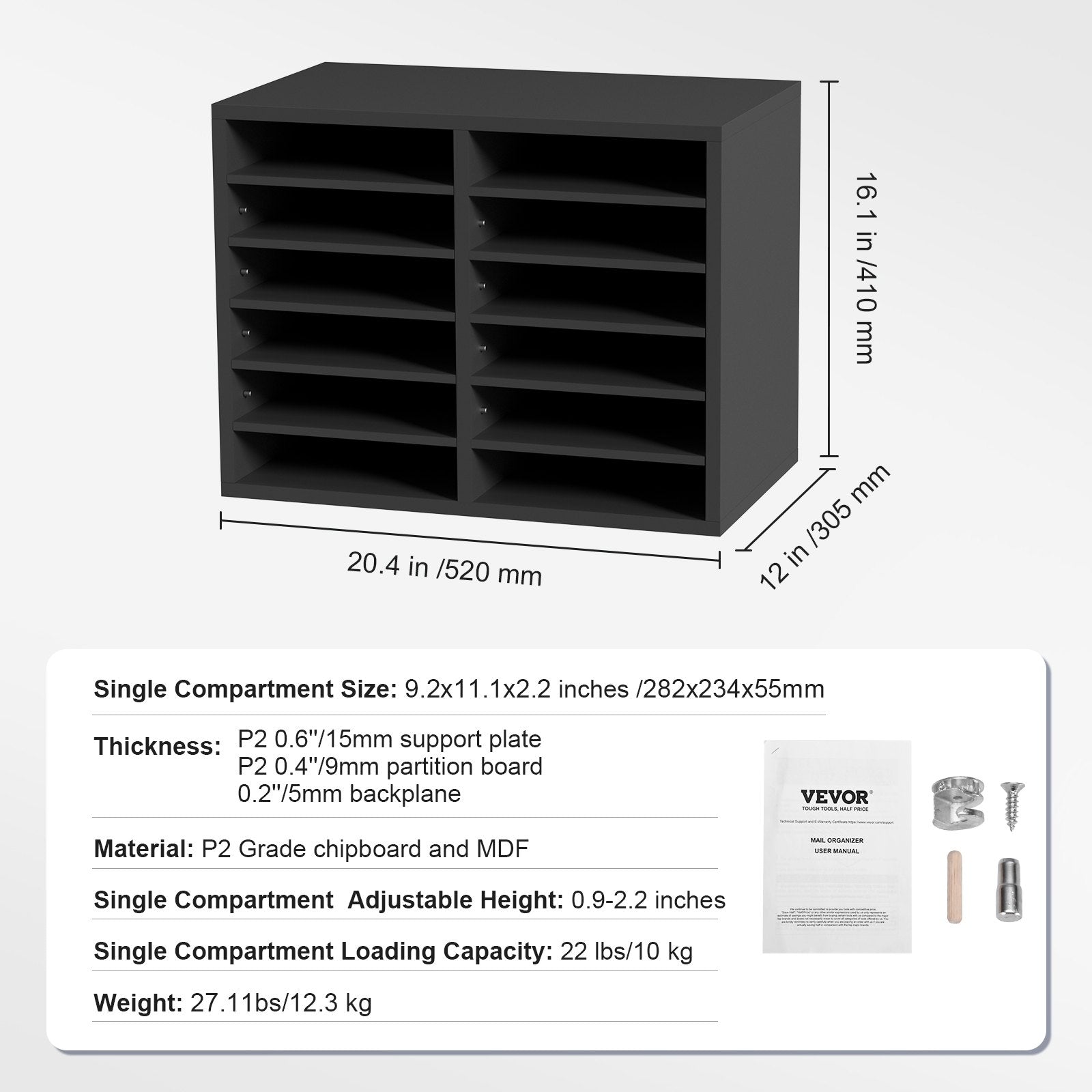 VEVOR Literature Organizers, 12 Compartments Office Mailbox with Adjustable Shelves, Wood Literature Sorter 20.4x12x16.1 inches for Office, Home, Classroom, Mailrooms Organization, EPA Certified Grey 