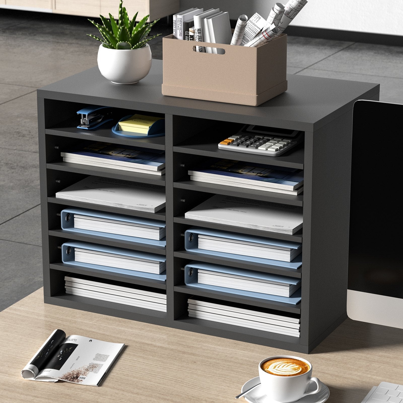 VEVOR Literature Organizers, 12 Compartments Office Mailbox with Adjustable Shelves, Wood Literature Sorter 20.4x12x16.1 inches for Office, Home, Classroom, Mailrooms Organization, EPA Certified Grey 