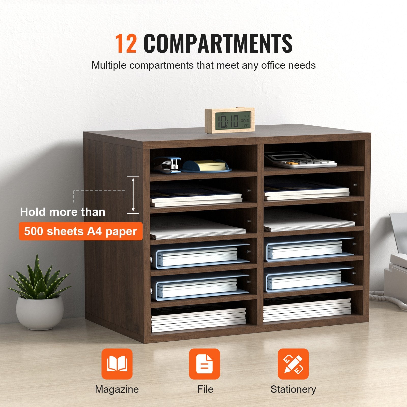 VEVOR Literature Organizers, 12 Compartments Office Mailbox with Adjustable Shelves, Wood Literature Sorter 20.4x12x16.1 inches for Office, Home, Classroom, Mailrooms Organization, EPA Certified Brown 
