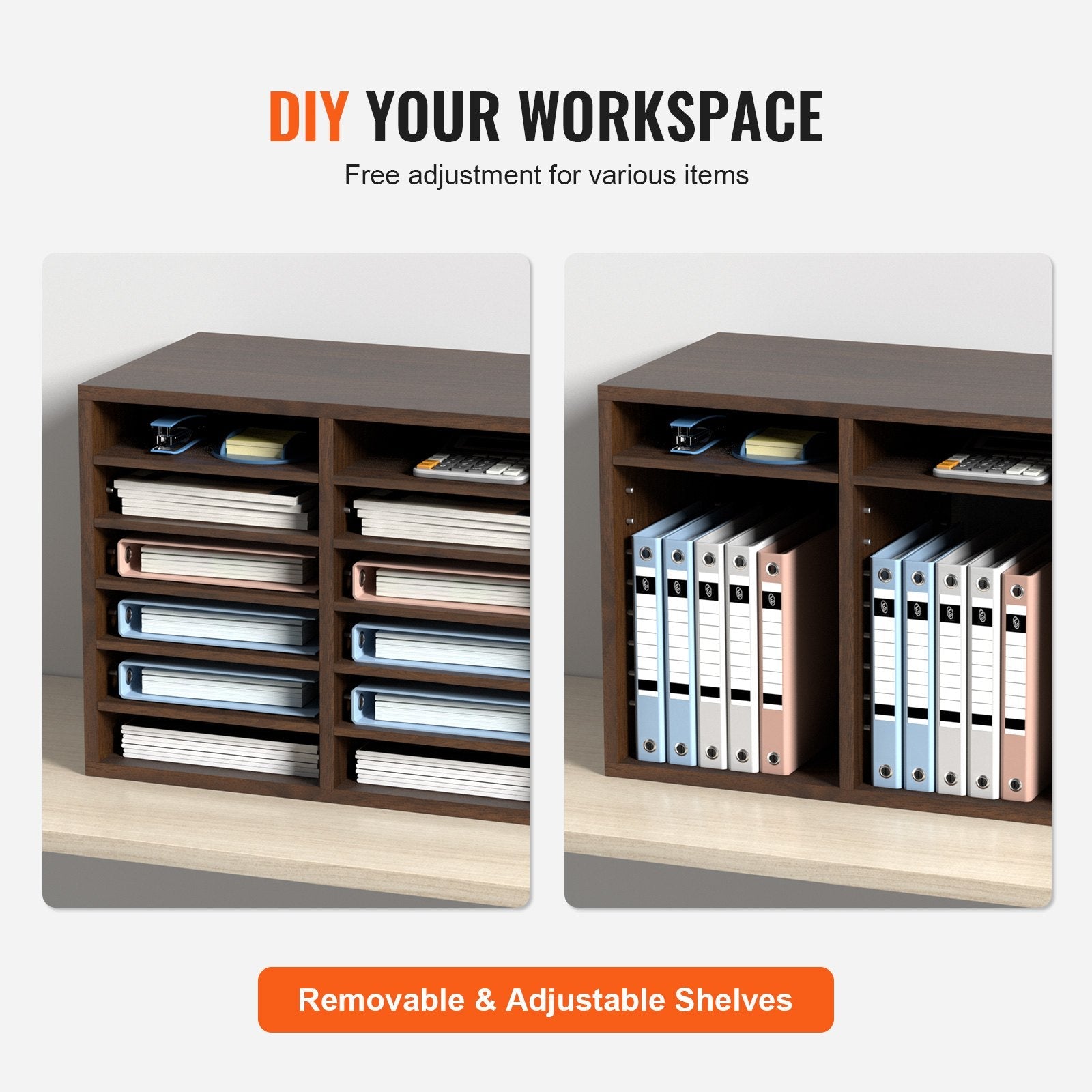 VEVOR Literature Organizers, 12 Compartments Office Mailbox with Adjustable Shelves, Wood Literature Sorter 20.4x12x16.1 inches for Office, Home, Classroom, Mailrooms Organization, EPA Certified Brown 