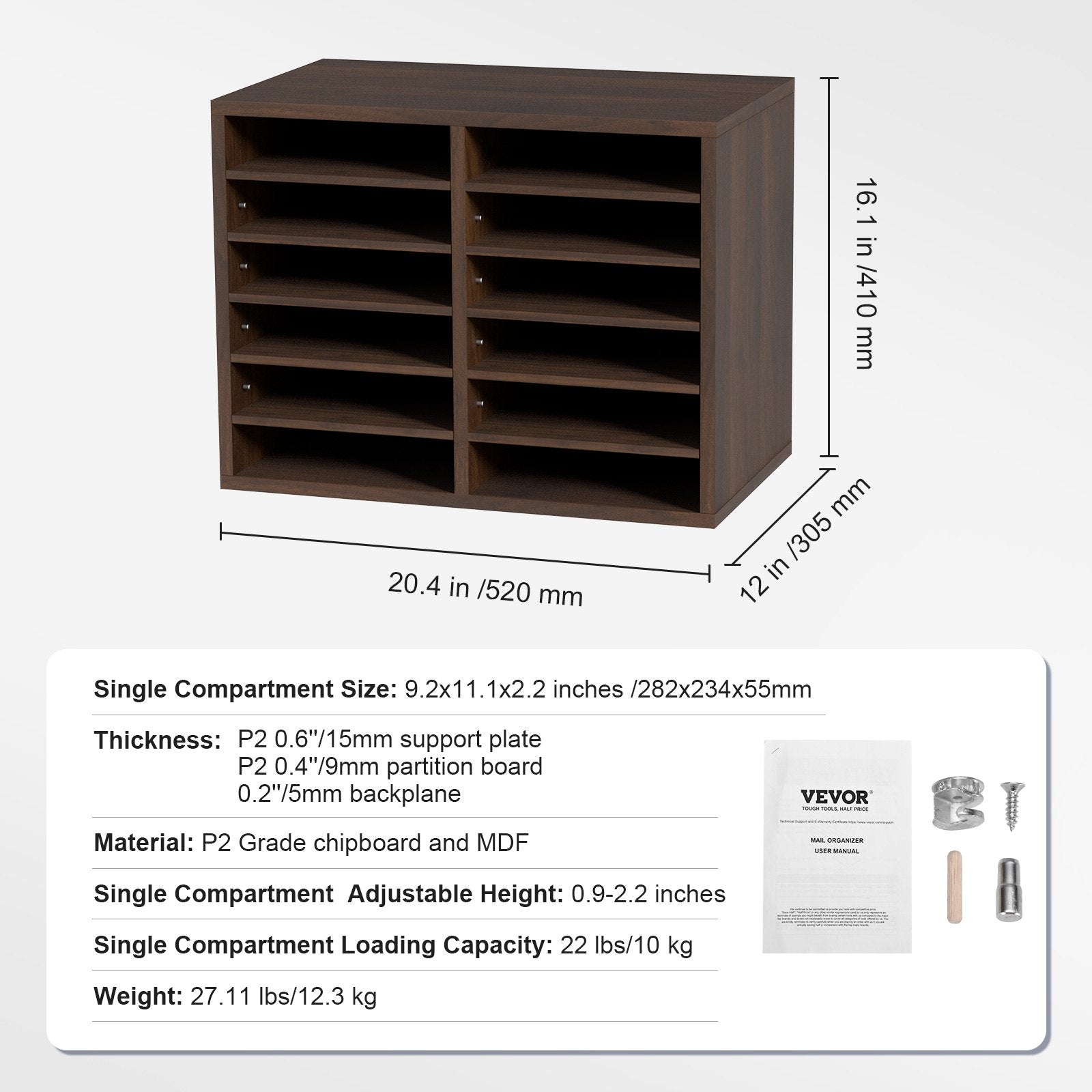 VEVOR Literature Organizers, 12 Compartments Office Mailbox with Adjustable Shelves, Wood Literature Sorter 20.4x12x16.1 inches for Office, Home, Classroom, Mailrooms Organization, EPA Certified Brown 