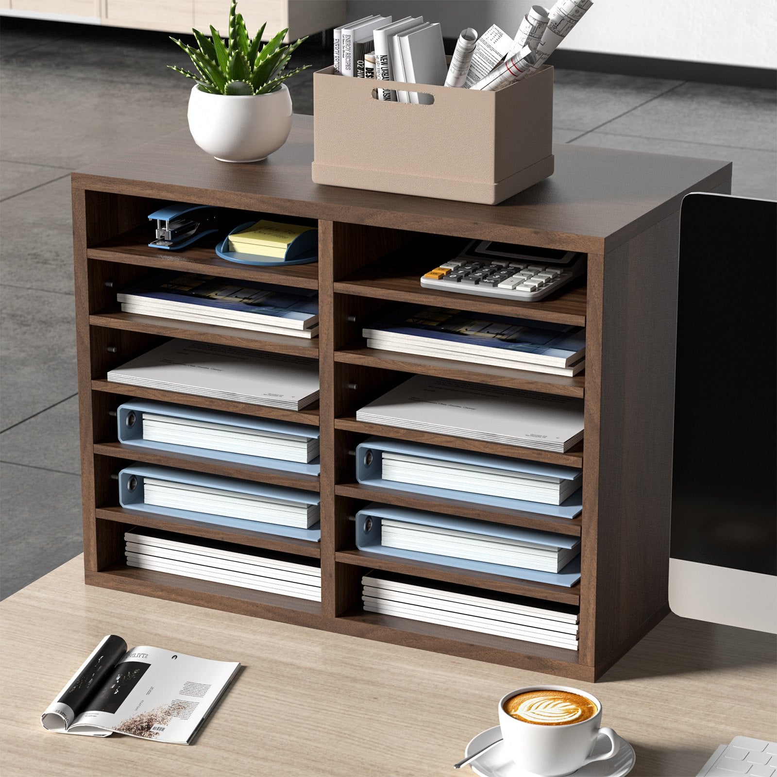 VEVOR Literature Organizers, 12 Compartments Office Mailbox with Adjustable Shelves, Wood Literature Sorter 20.4x12x16.1 inches for Office, Home, Classroom, Mailrooms Organization, EPA Certified Brown 