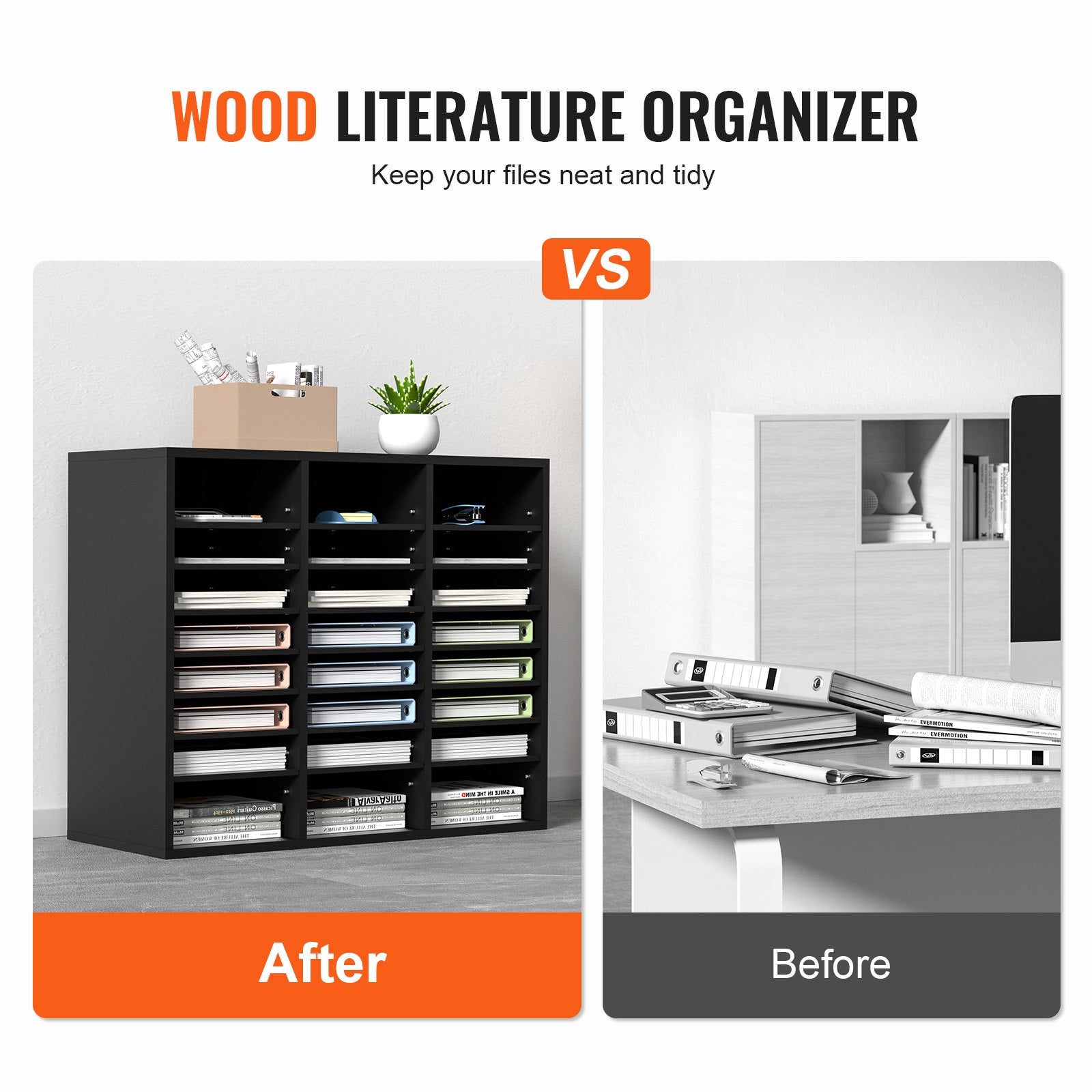 VEVOR Wood Literature Organizer, 24 Compartments, File Sorter with Removable Shelves, Mailboxes Slot for Office Home Classroom Mailrooms Organization, EPA Certified, Black 