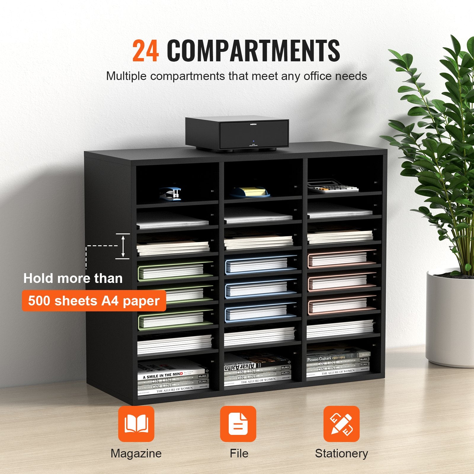 VEVOR Wood Literature Organizer, 24 Compartments, File Sorter with Removable Shelves, Mailboxes Slot for Office Home Classroom Mailrooms Organization, EPA Certified, Black 
