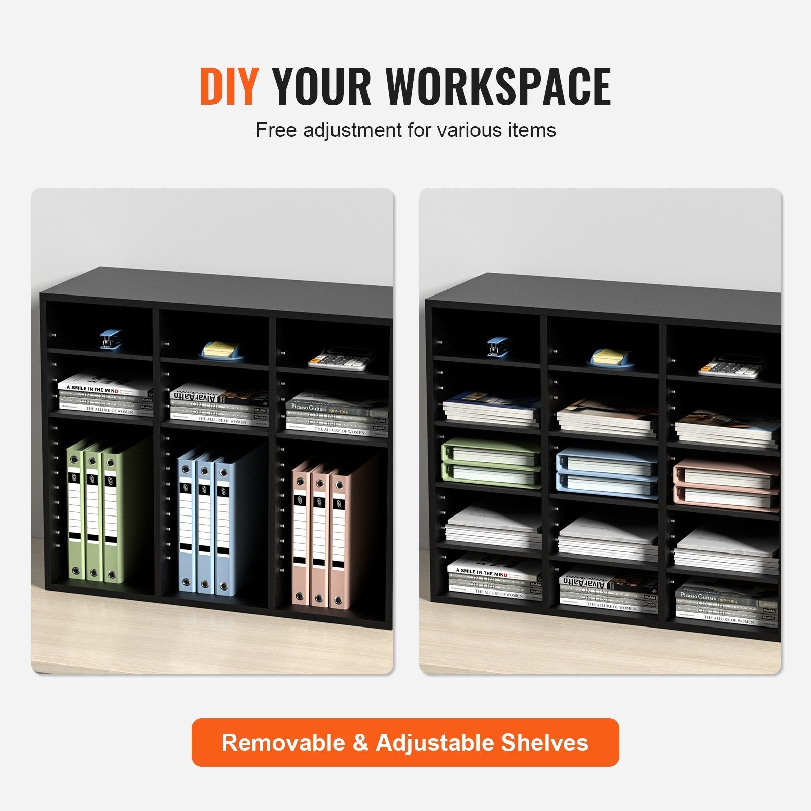 VEVOR Wood Literature Organizer, 24 Compartments, File Sorter with Removable Shelves, Mailboxes Slot for Office Home Classroom Mailrooms Organization, EPA Certified, Black 