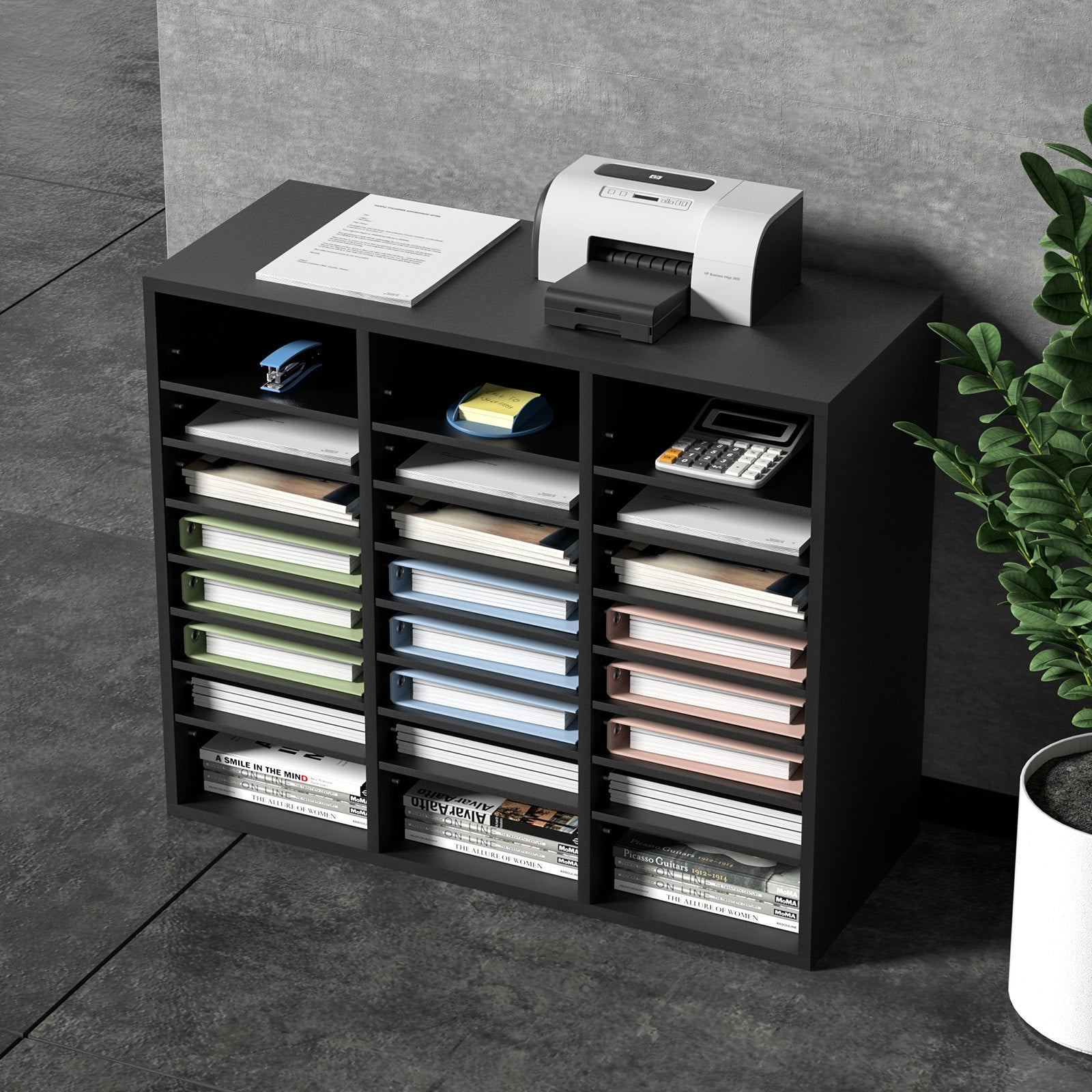 VEVOR Wood Literature Organizer, 24 Compartments, File Sorter with Removable Shelves, Mailboxes Slot for Office Home Classroom Mailrooms Organization, EPA Certified, Black 