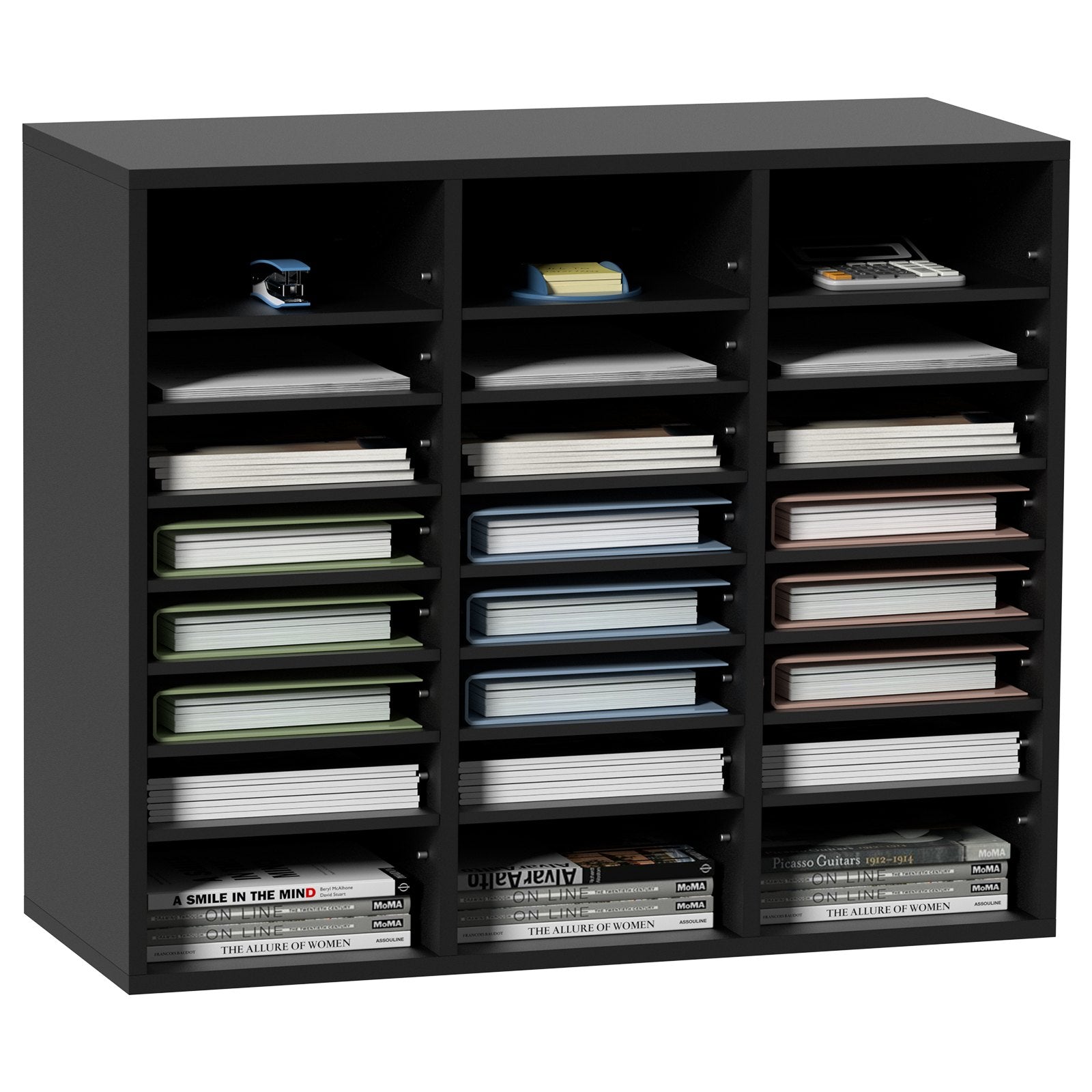 VEVOR Wood Literature Organizer, 24 Compartments, File Sorter with Removable Shelves, Mailboxes Slot for Office Home Classroom Mailrooms Organization, EPA Certified, Black 