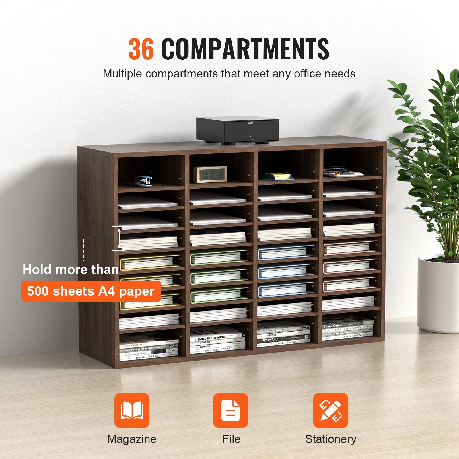 VEVOR Literature Organizers, 36 Compartments Office Mailbox with Adjustable Shelves, Wood Literature Sorter 39.3x12x26.8 inches for Office, Home, Classroom, Mailrooms Organization, EPA Certified Brown 