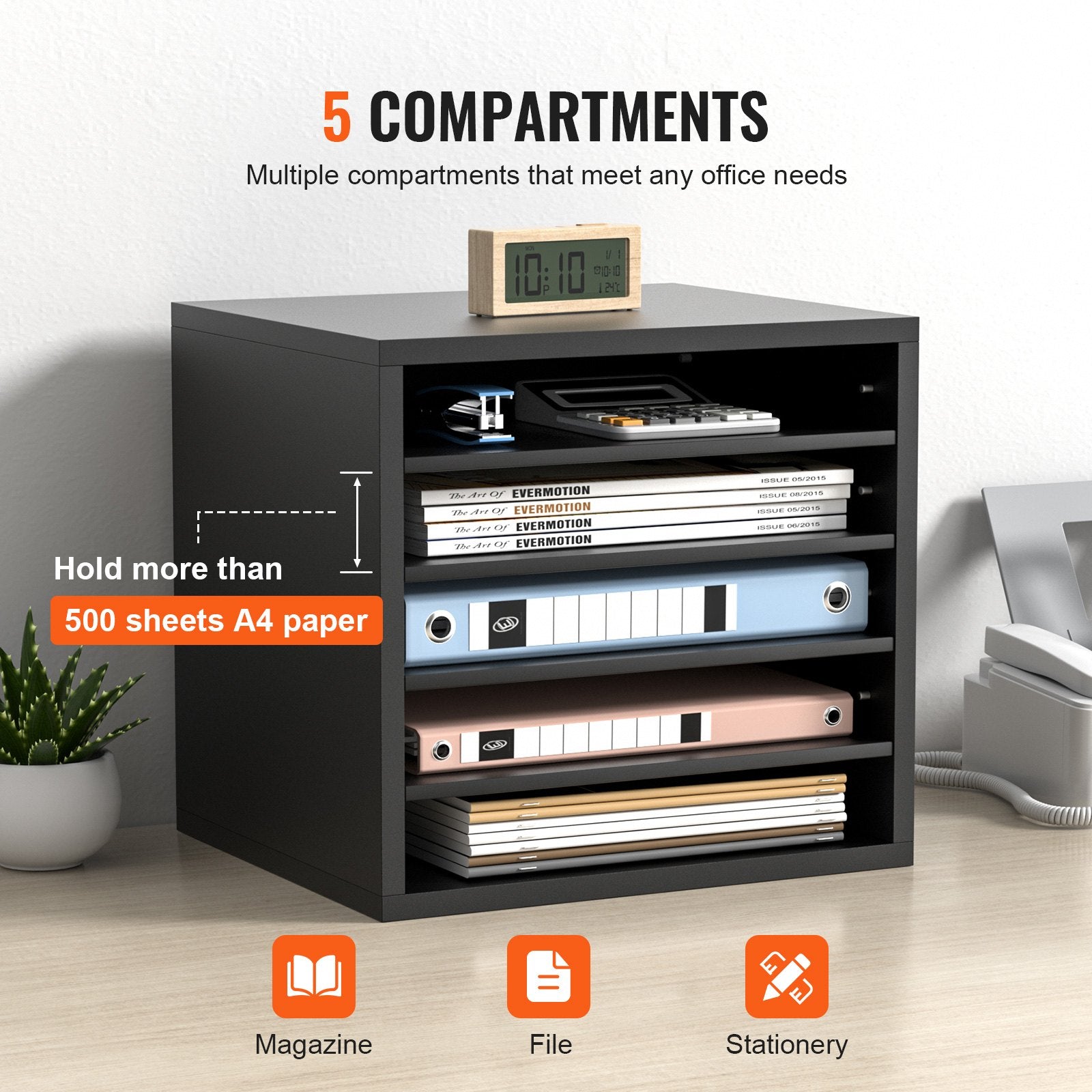 VEVOR Literature Organizers, 5 Compartments Office Mailbox with Adjustable Shelves, Wood Literature Sorter 13.9x12x13 inches for Office, Home, Classroom, Mailrooms Organization, EPA Certified, Black 