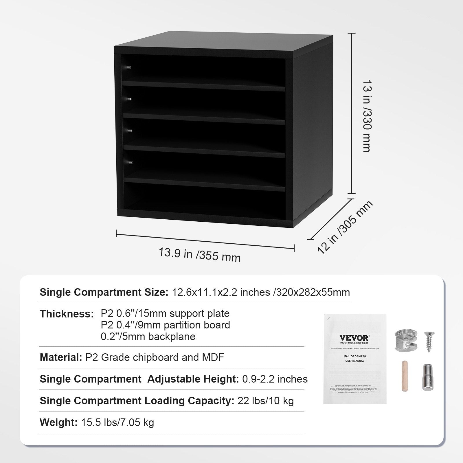 VEVOR Literature Organizers, 5 Compartments Office Mailbox with Adjustable Shelves, Wood Literature Sorter 13.9x12x13 inches for Office, Home, Classroom, Mailrooms Organization, EPA Certified, Black 