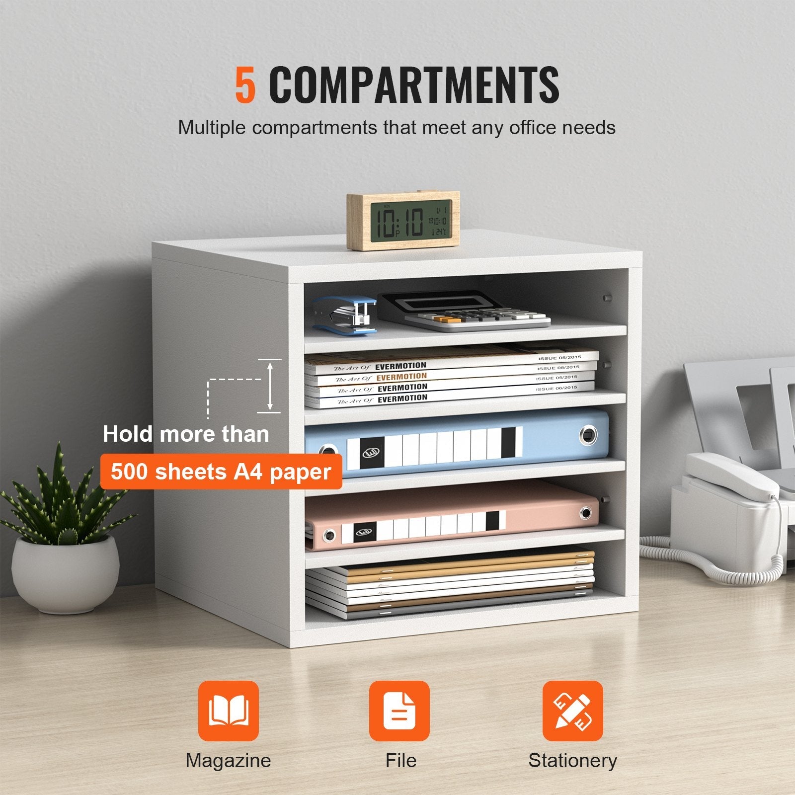 VEVOR Literature Organizers, 5 Compartments Office Mailbox with Adjustable Shelves, Wood Literature Sorter 13.9x12x13 inches for Office, Home, Classroom, Mailrooms Organization, EPA Certified, White 