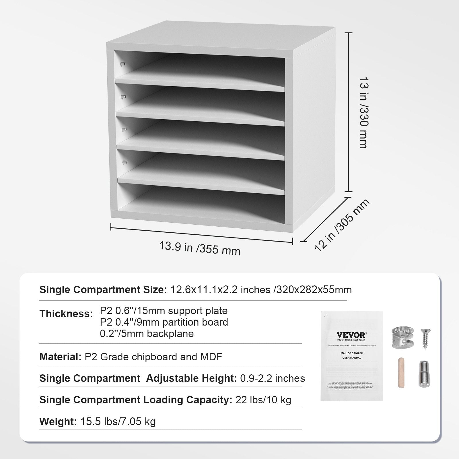 VEVOR Literature Organizers, 5 Compartments Office Mailbox with Adjustable Shelves, Wood Literature Sorter 13.9x12x13 inches for Office, Home, Classroom, Mailrooms Organization, EPA Certified, White 