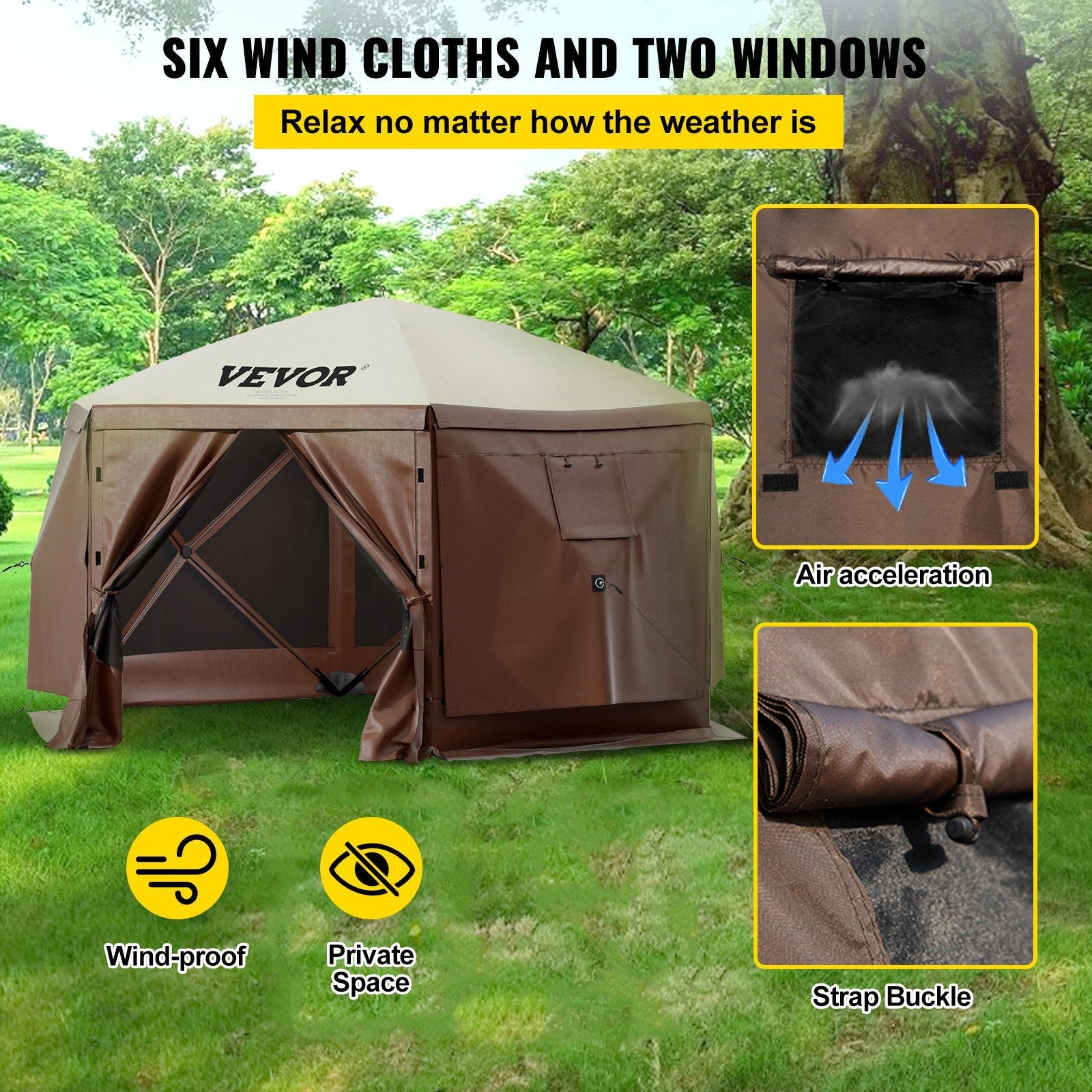 VEVOR Camping Gazebo Tent, 12'x12', 6 Sided Pop-up Canopy Screen Tent for 8 Person Camping, IPX3 Waterproof Screen Shelter w/Portable Storage Bag, Ground Stakes, Mesh Windows, Brown & Beige 
