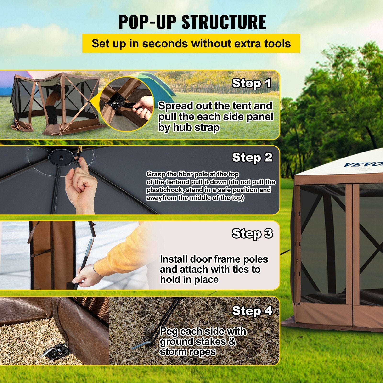 VEVOR Camping Gazebo Tent, 12'x12', 6 Sided Pop-up Canopy Screen Tent for 8 Person Camping, IPX3 Waterproof Screen Shelter w/Portable Storage Bag, Ground Stakes, Mesh Windows, Brown & Beige 