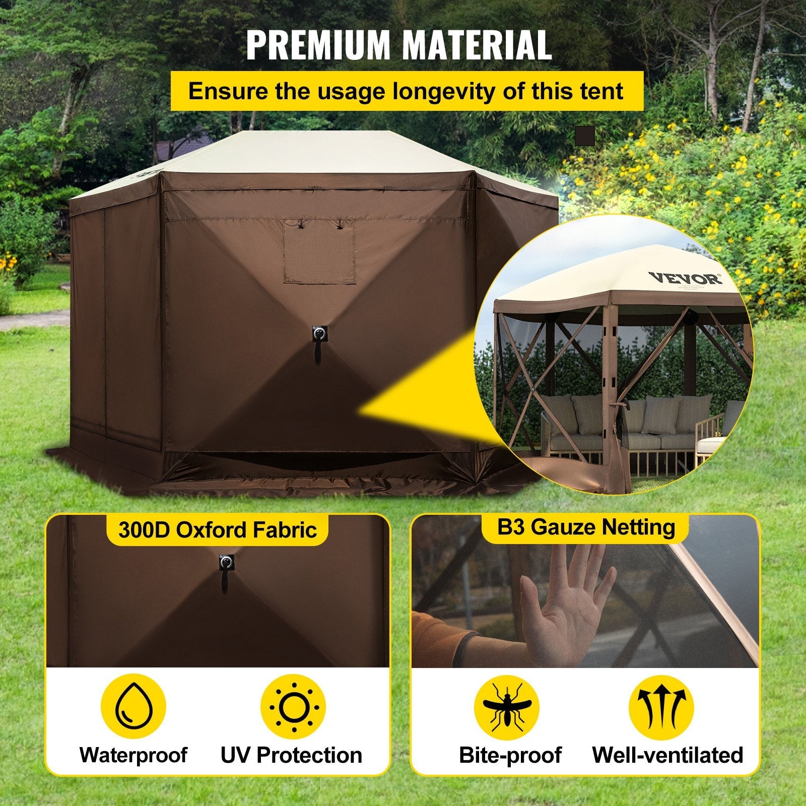 VEVOR Camping Gazebo Tent, 12'x12', 6 Sided Pop-up Canopy Screen Tent for 8 Person Camping, IPX3 Waterproof Screen Shelter w/Portable Storage Bag, Ground Stakes, Mesh Windows, Brown & Beige 