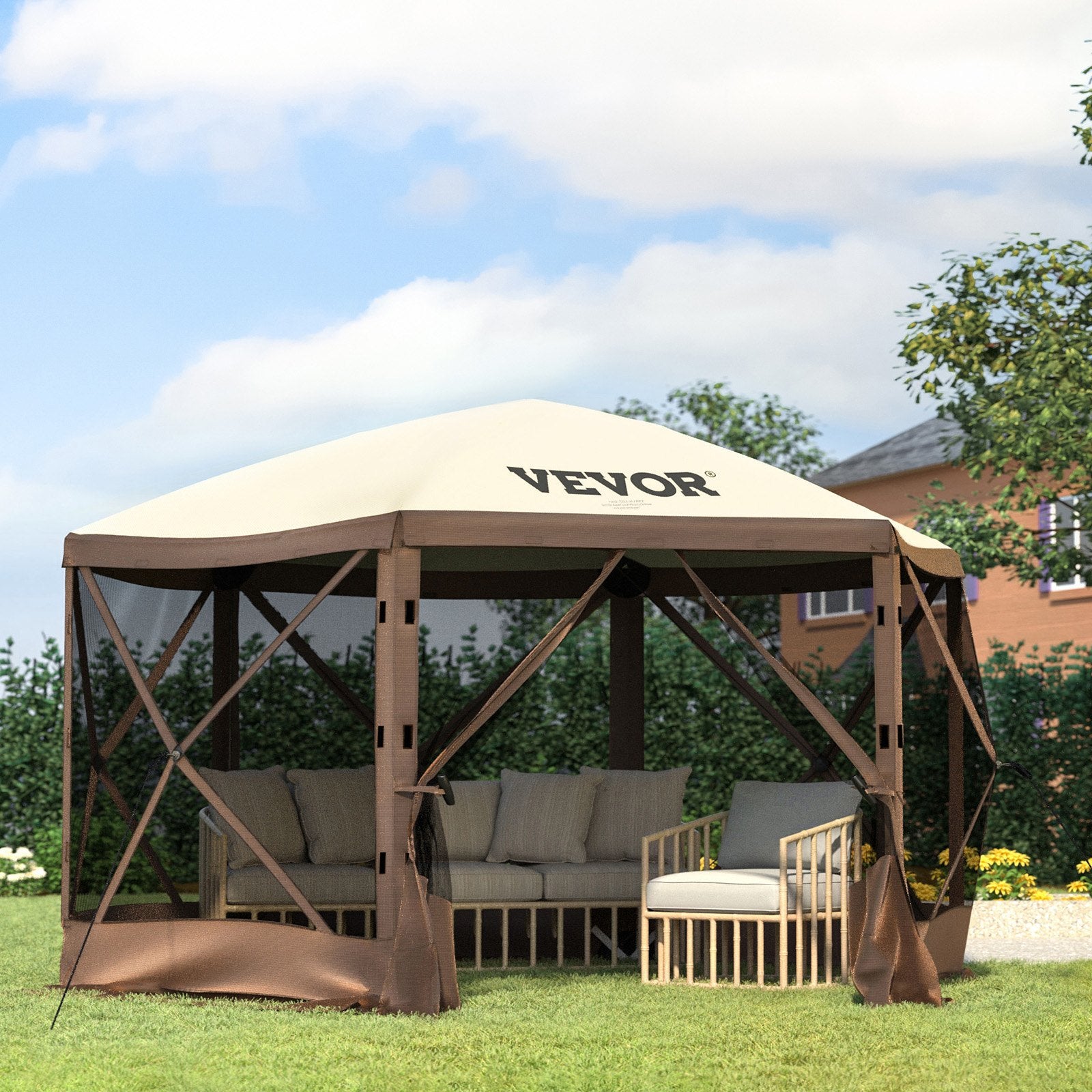 VEVOR Camping Gazebo Tent, 12'x12', 6 Sided Pop-up Canopy Screen Tent for 8 Person Camping, IPX3 Waterproof Screen Shelter w/Portable Storage Bag, Ground Stakes, Mesh Windows, Brown & Beige 