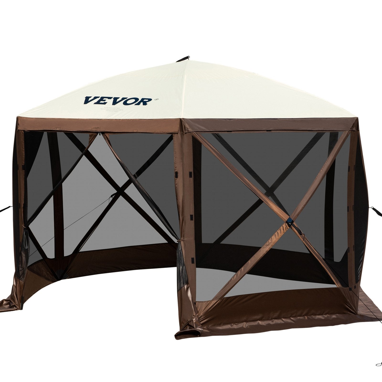 VEVOR Camping Gazebo Tent, 12'x12', 6 Sided Pop-up Canopy Screen Tent for 8 Person Camping, IPX3 Waterproof Screen Shelter w/Portable Storage Bag, Ground Stakes, Mesh Windows, Brown & Beige 