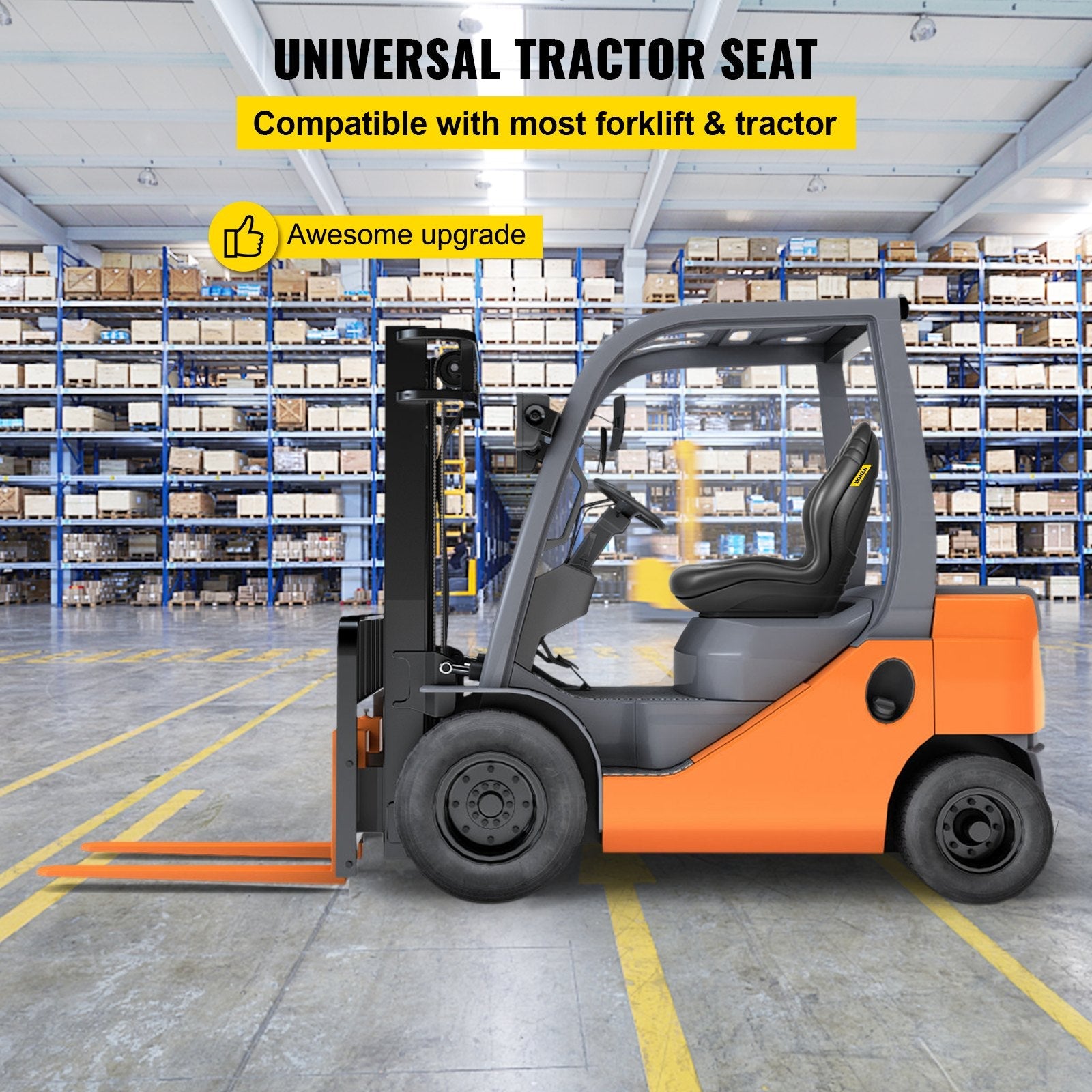VEVOR Universal Tractor Seat Replacement, Compact High Back Mower Seat, Black Vinyl Forklift Seat, Central Drain Hole Skid Steer Seat with Mounting Bolt Patterns of 8" x 11.5" & 11.25" x 11.5" 