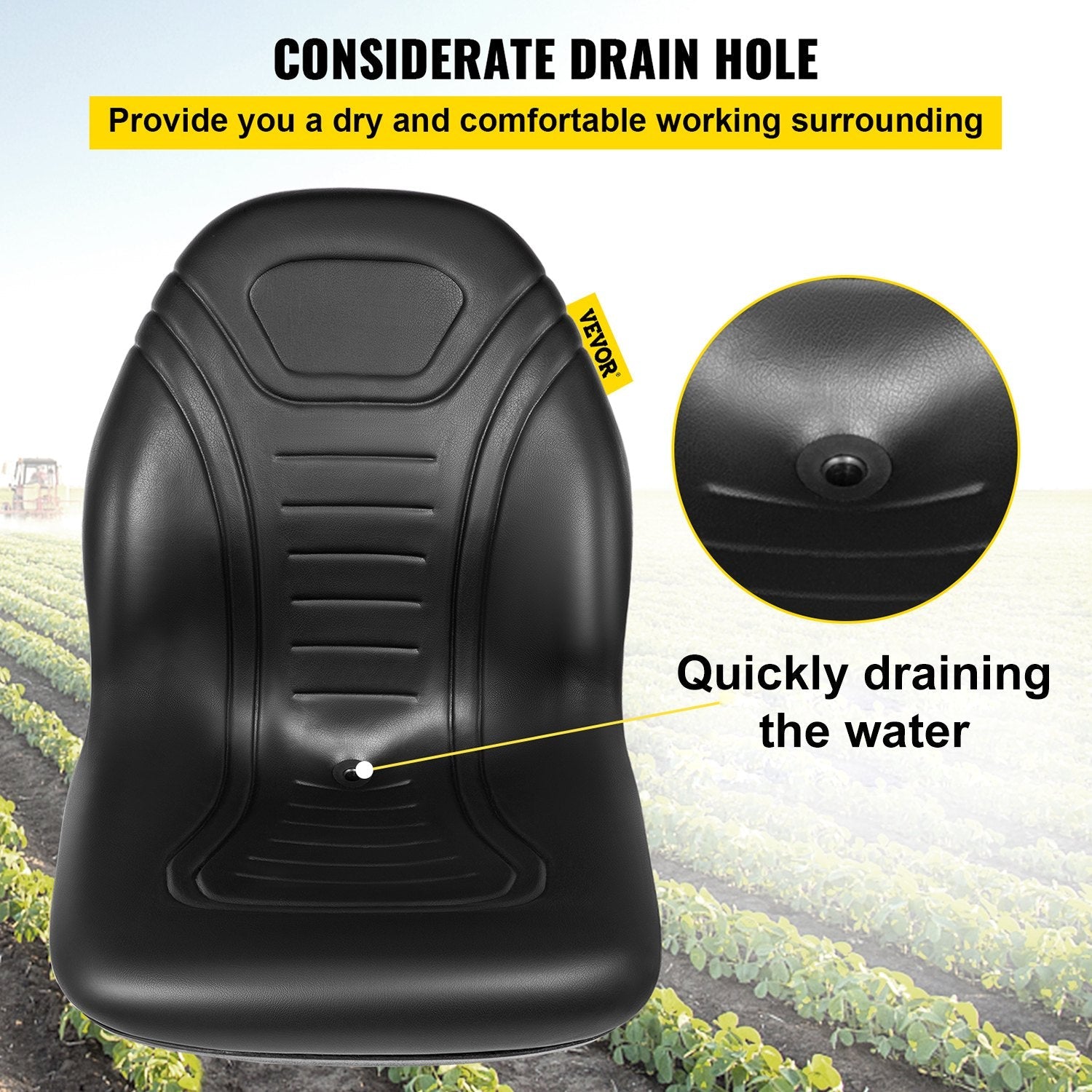 VEVOR Universal Tractor Seat Replacement, Compact High Back Mower Seat, Black Vinyl Forklift Seat, Central Drain Hole Skid Steer Seat with Mounting Bolt Patterns of 8" x 11.5" & 11.25" x 11.5" 