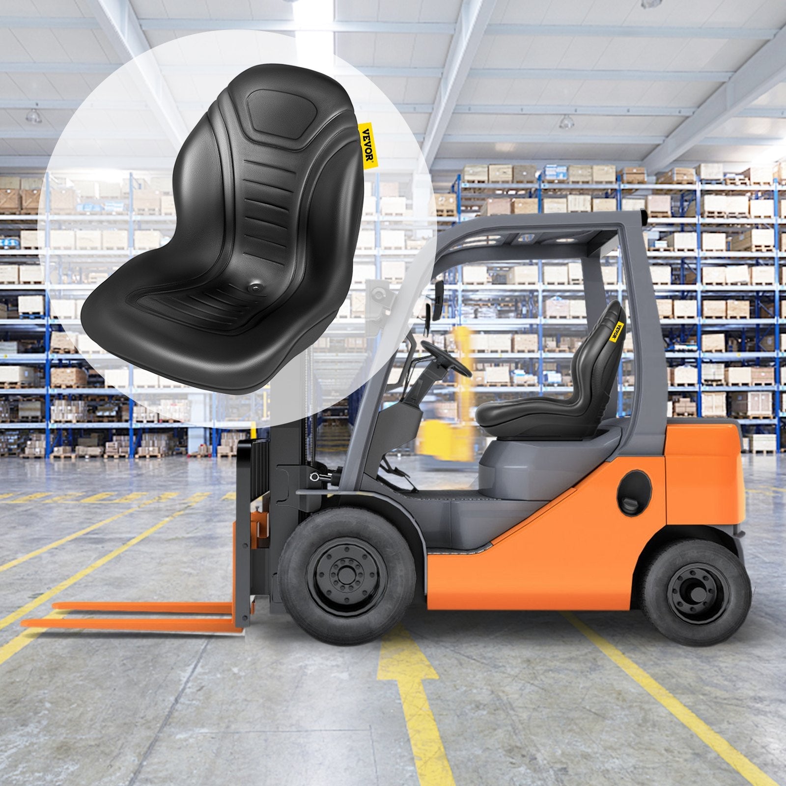 VEVOR Universal Tractor Seat Replacement, Compact High Back Mower Seat, Black Vinyl Forklift Seat, Central Drain Hole Skid Steer Seat with Mounting Bolt Patterns of 8" x 11.5" & 11.25" x 11.5" 
