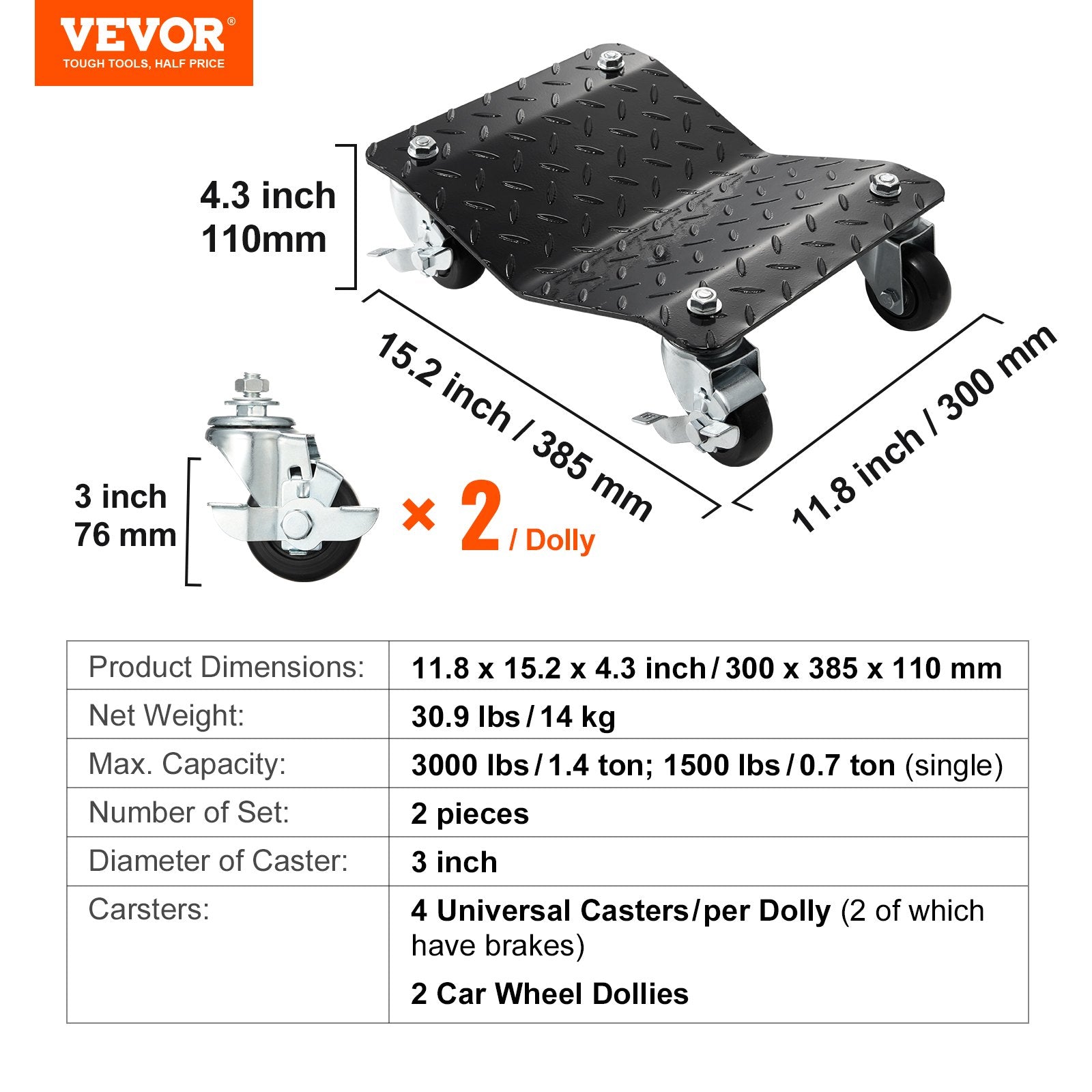 VEVOR Wheel Dolly, 3000 lbs/1360 kg Car Dollies, Wheel Dolly Car Tire Stake Set of 2 Piece, Heavy-duty Car Tire Dolly Moving Cars, Trucks, Trailers, Motorcycles, and Boats 