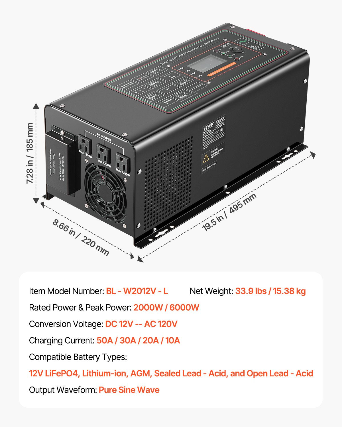 VEVOR 2000W Pure Sine Wave Inverter Charger DC 12V to AC 120V Power Inverter 