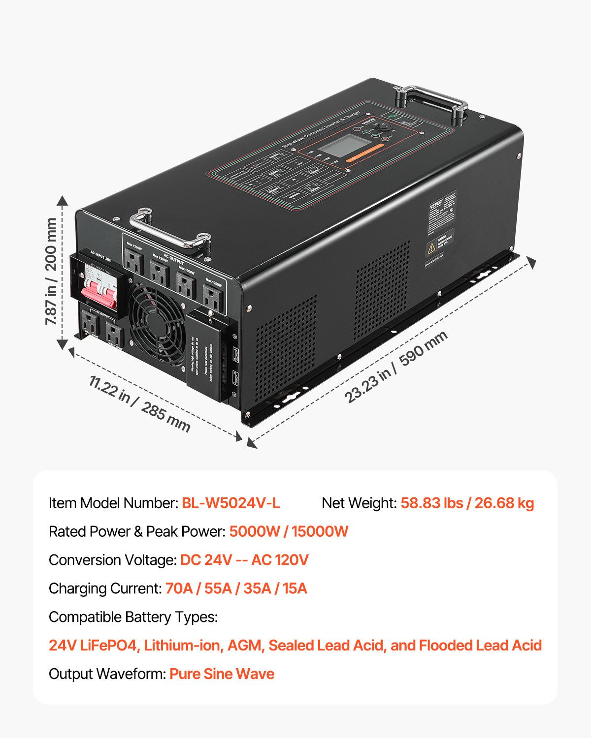 VEVOR 5000W Pure Sine Wave Inverter Charger DC 24V to AC 120V Power Inverter 